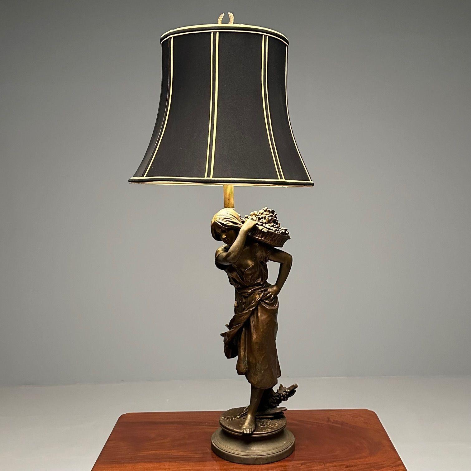20th Century Metal Statue of a Woman Fruit Bearer, Mounted as Lamp, French, 1930s For Sale