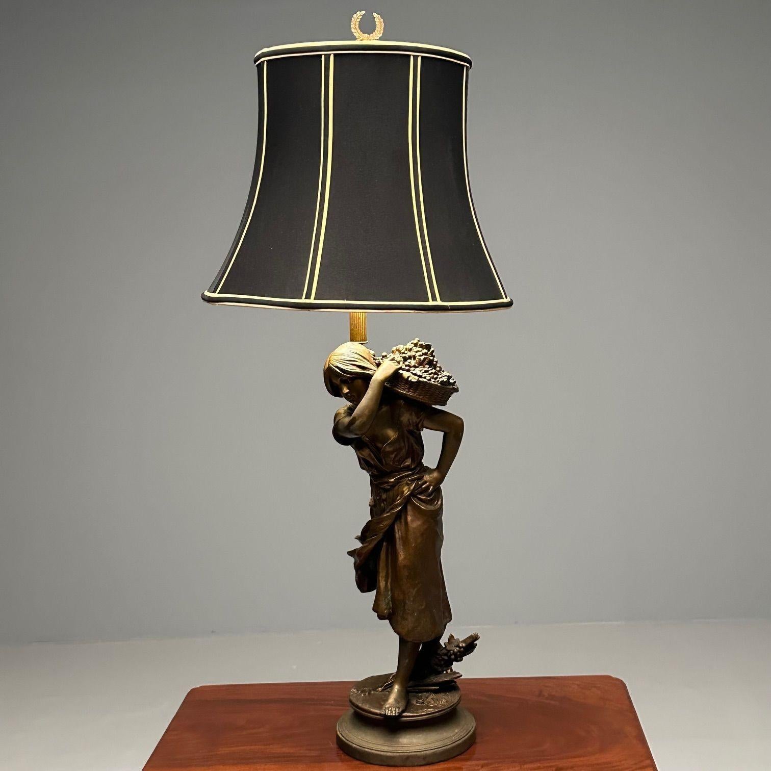 Metal Statue of a Woman Fruit Bearer, Mounted as Lamp, French, 1930s For Sale 1