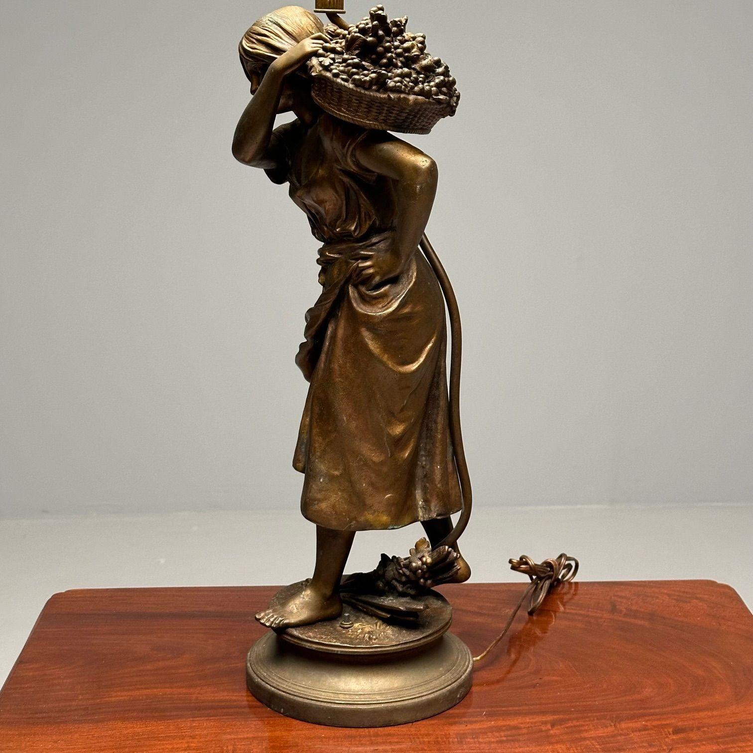 Metal Statue of a Woman Fruit Bearer, Mounted as Lamp, French, 1930s For Sale 2