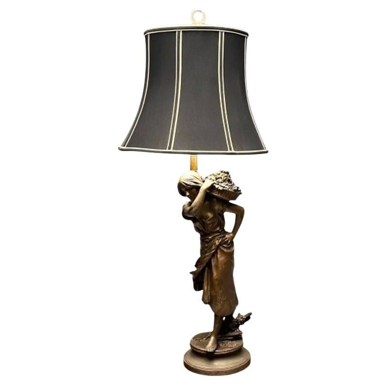 Metal Statue of a Woman Fruit Bearer, Mounted as Lamp, French, 1930s For Sale