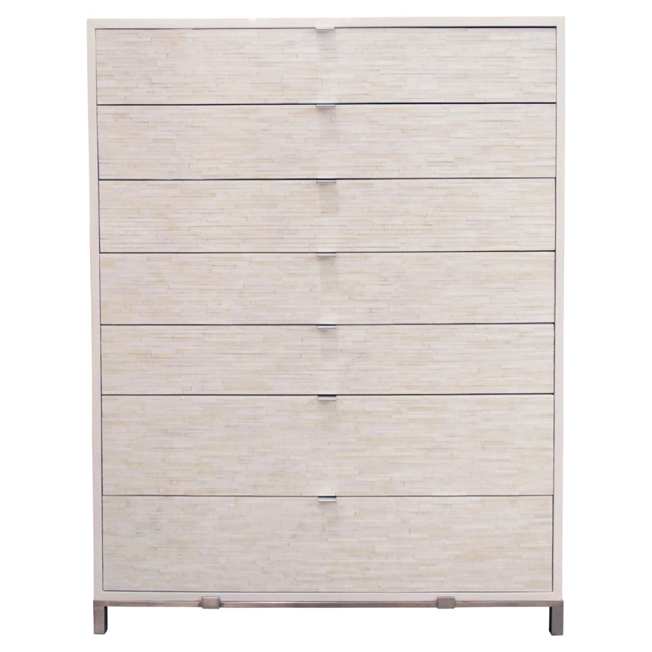 Modern Ivory Glass Mosaic Chest of 7-Drawers with Oak Frame by Ercole Home
