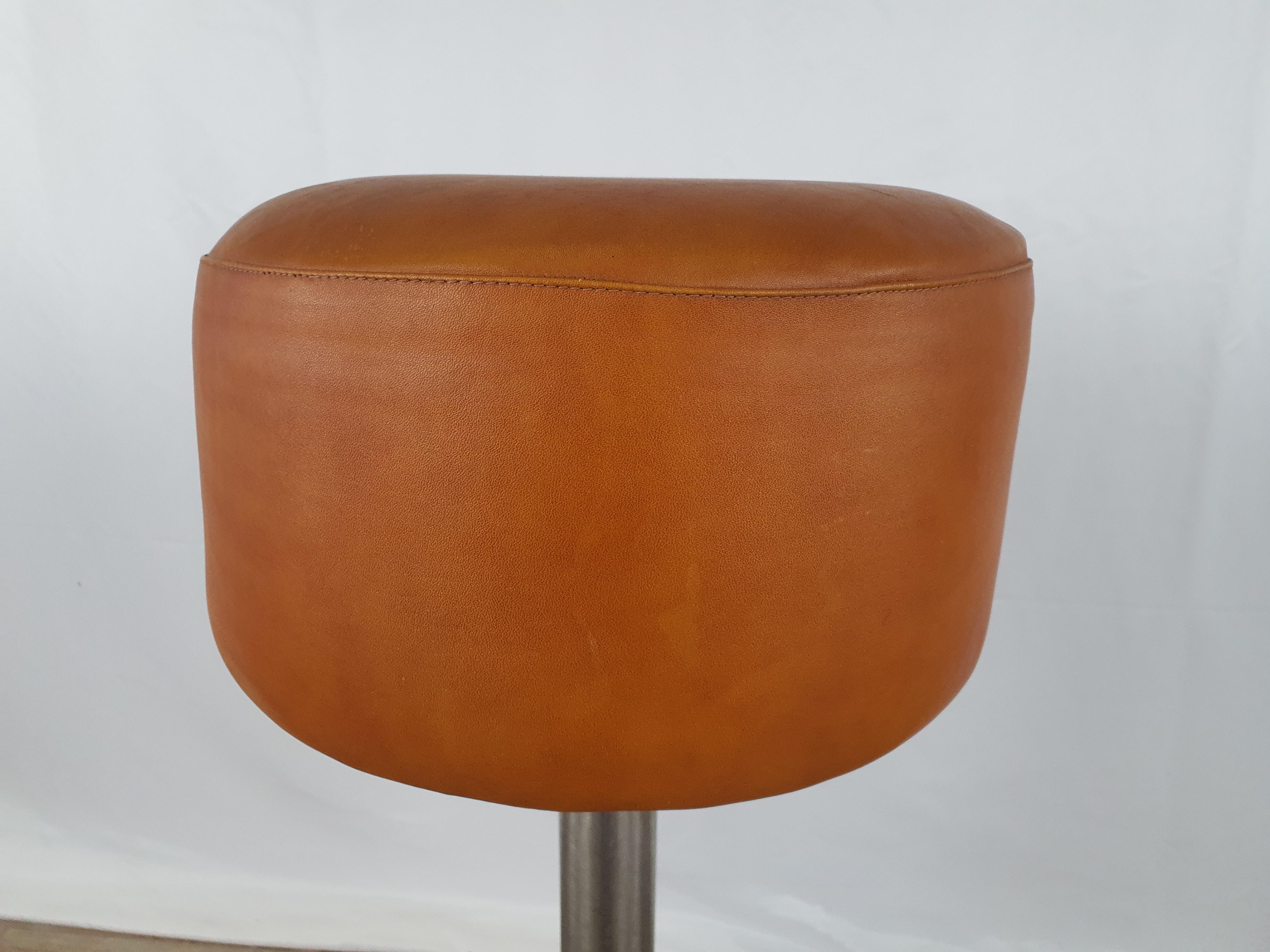 Mid-Century Modern Metal Stool with Orange Leather Seat from 1990s