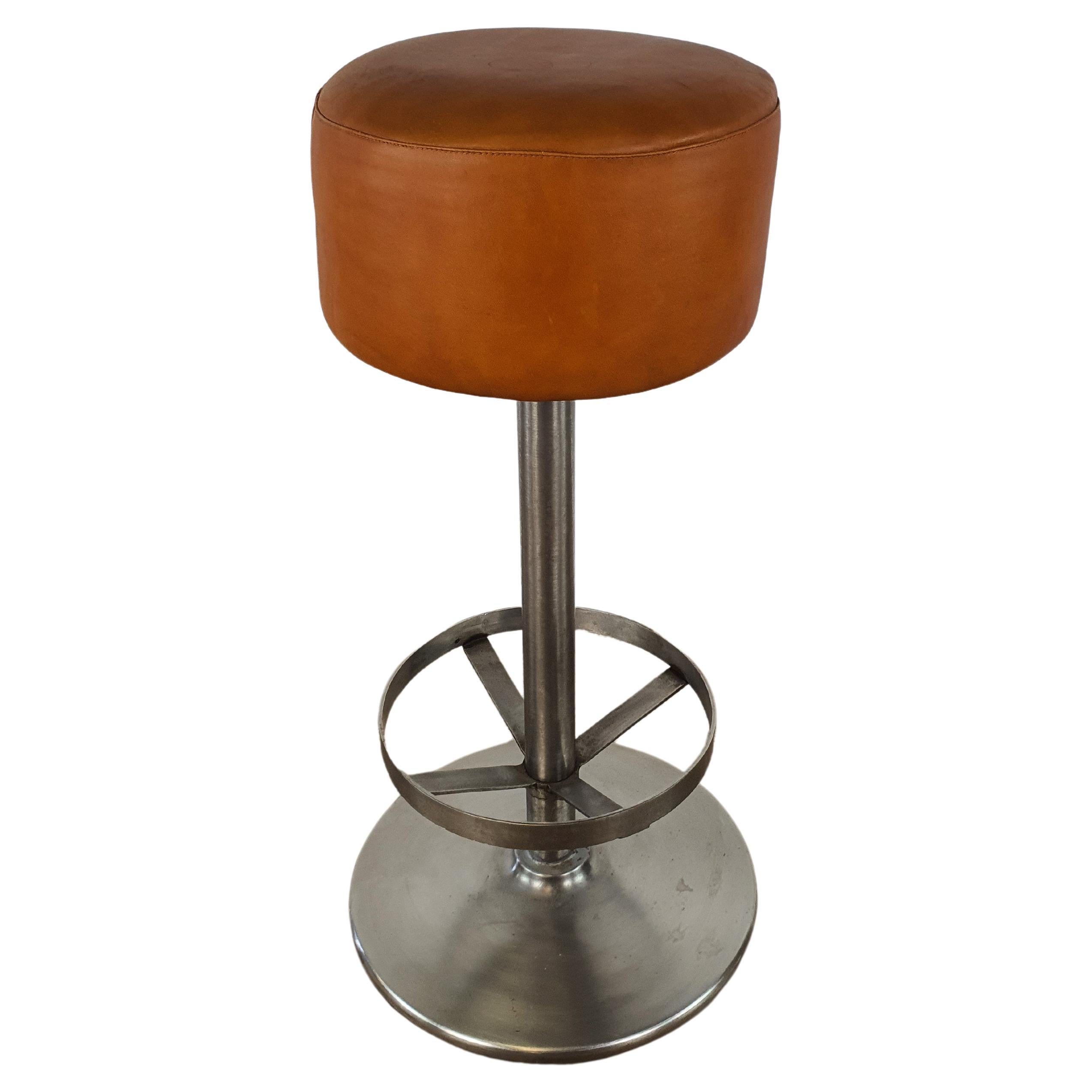 Metal Stool with Orange Leather Seat from 1990s