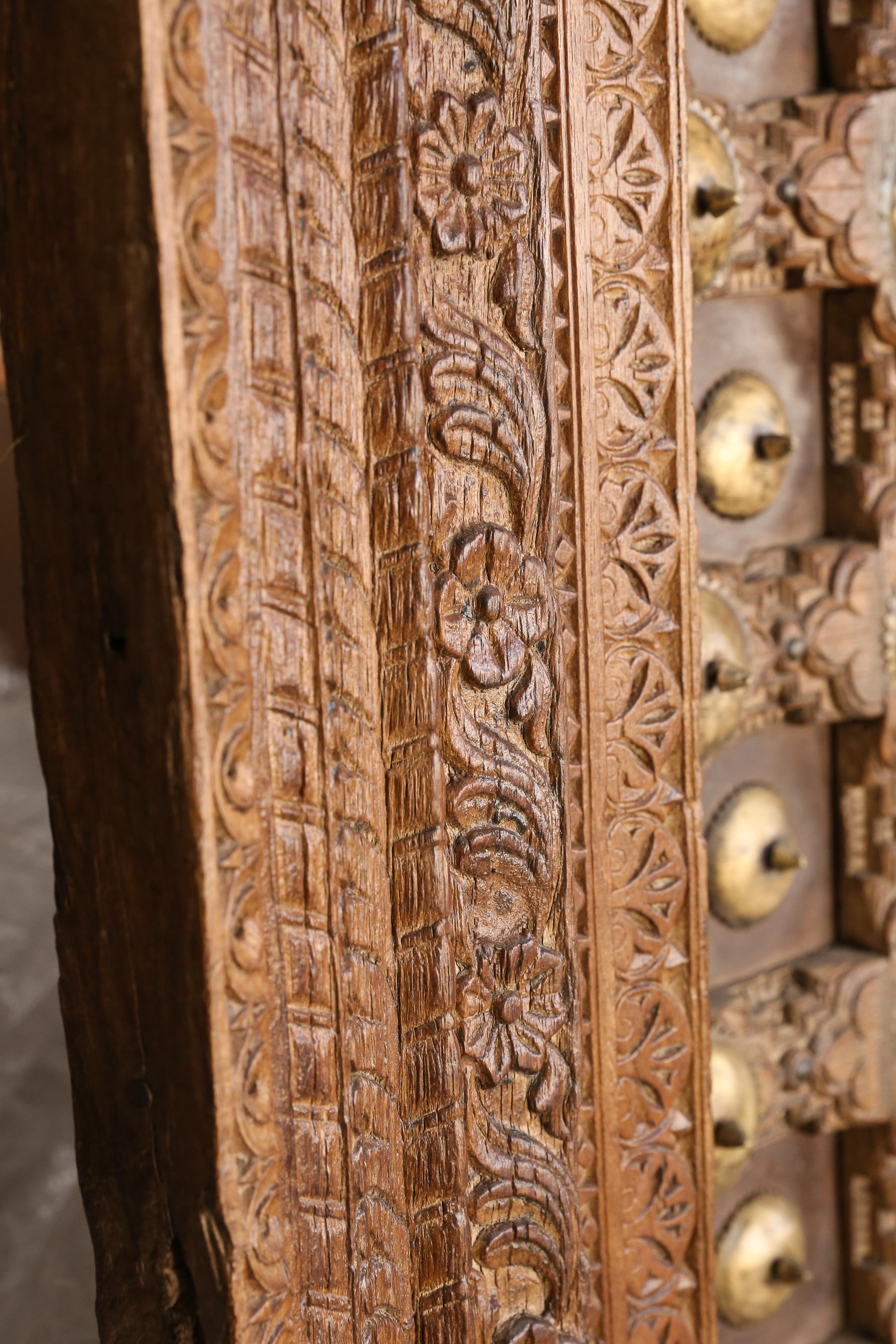 Anglo Raj Metal Studded Highly Carved Solid Teak Wood Entry Door of a Temple Priest Home