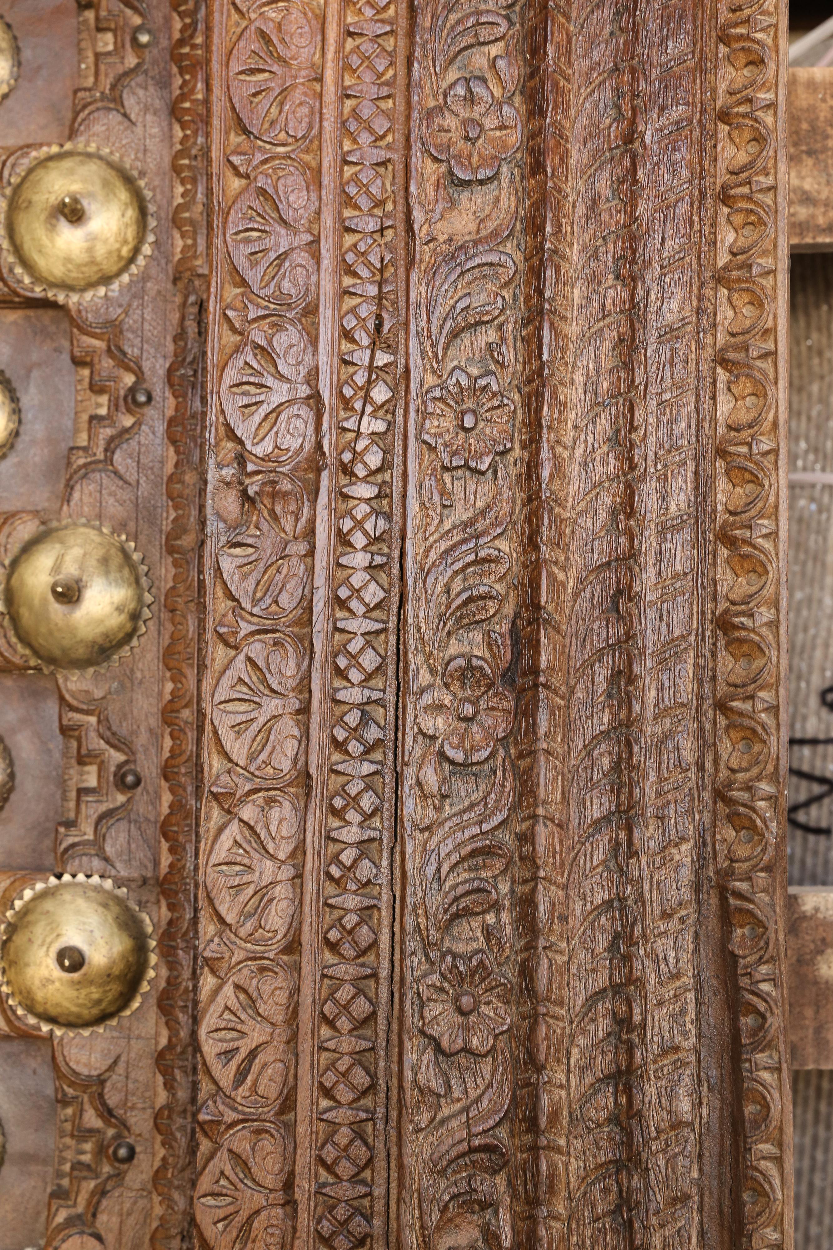 Indian Metal Studded Highly Carved Solid Teak Wood Entry Door of a Temple Priest Home