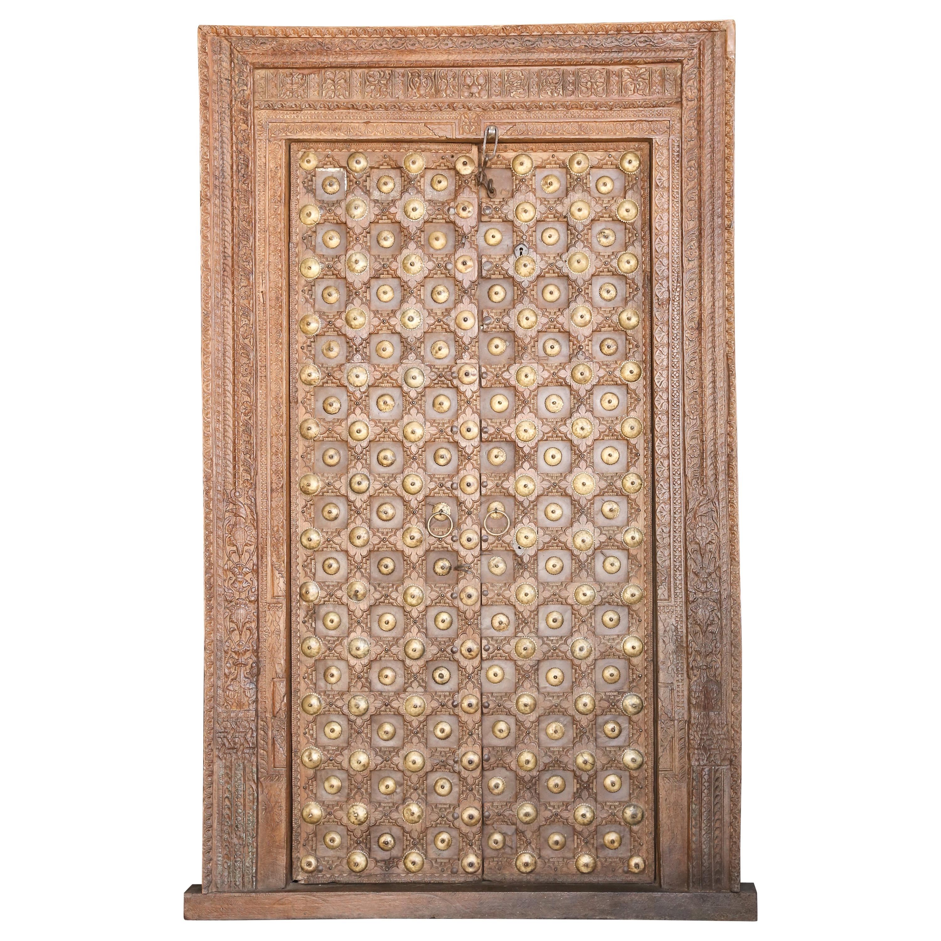 Metal Studded Highly Carved Solid Teak Wood Entry Door of a Temple Priest Home