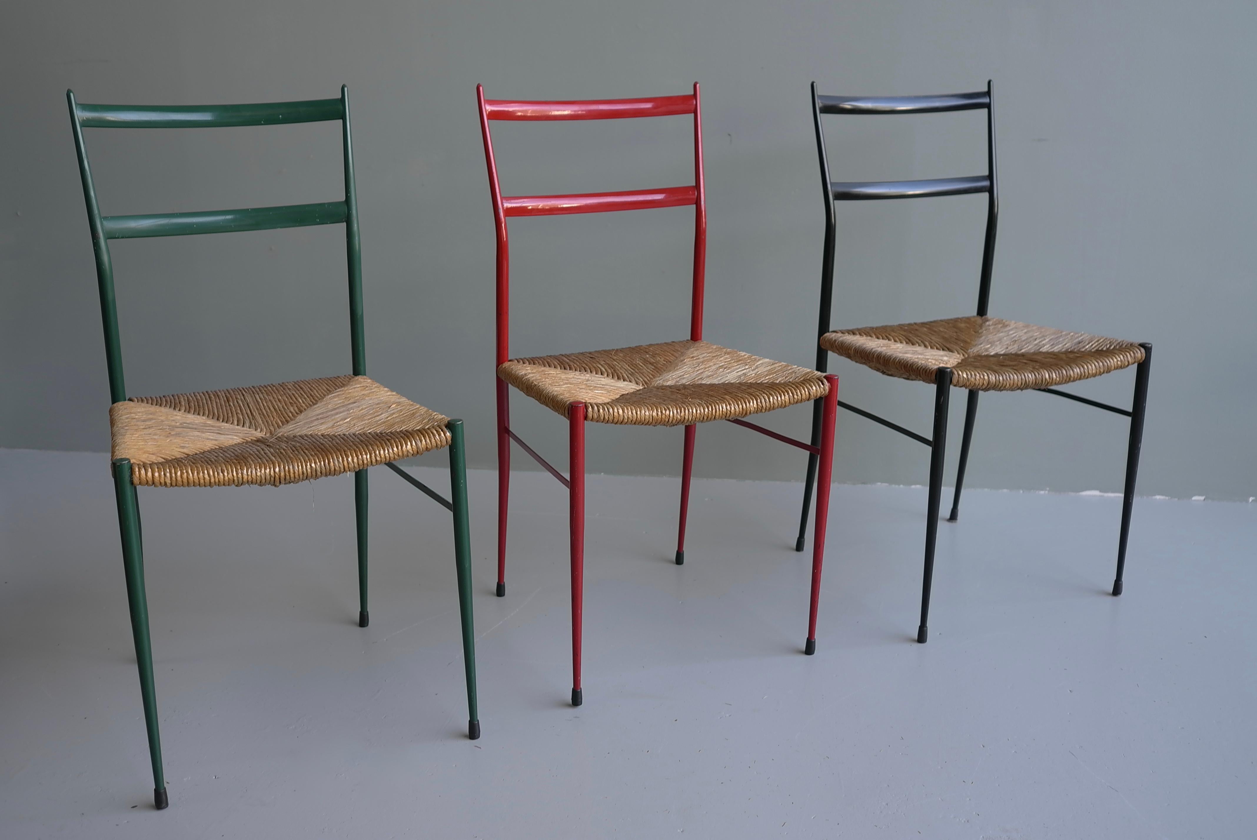 Mid-Century Modern Metal Superleggera Chairs with Rush Seat, Attr to Gio Ponti de Bijenkorf, 1969
