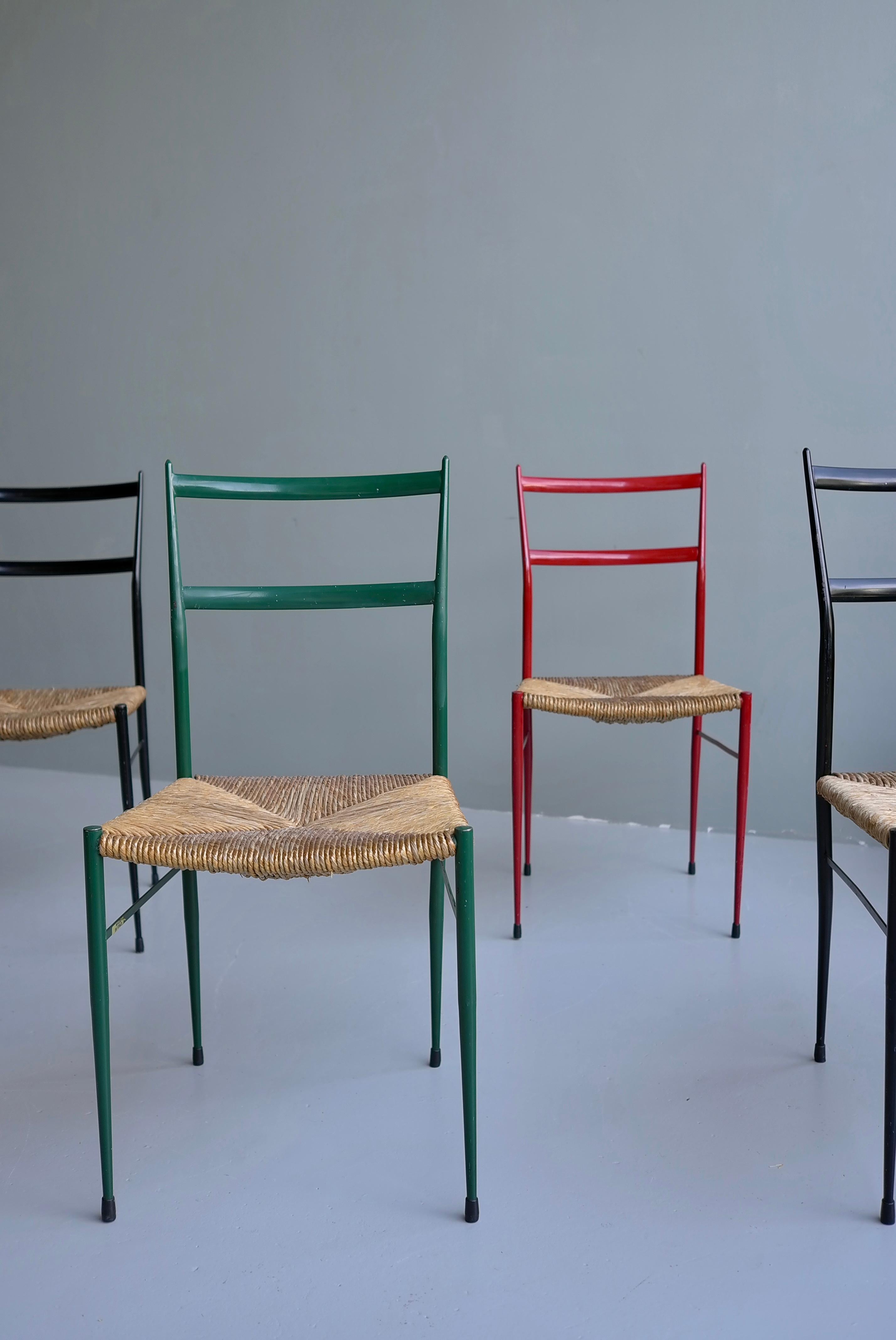 Italian Metal Superleggera Chairs with Rush Seat, Attr to Gio Ponti de Bijenkorf, 1969