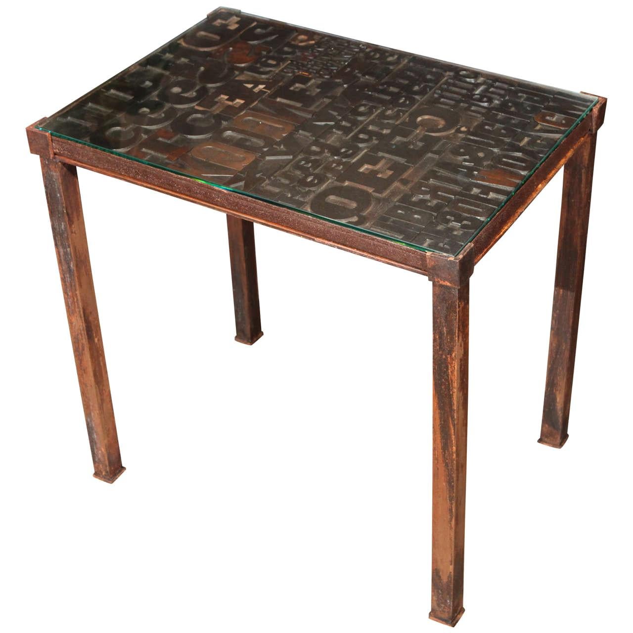 Late 19th Century Industrial Typeset Metal Table For Sale