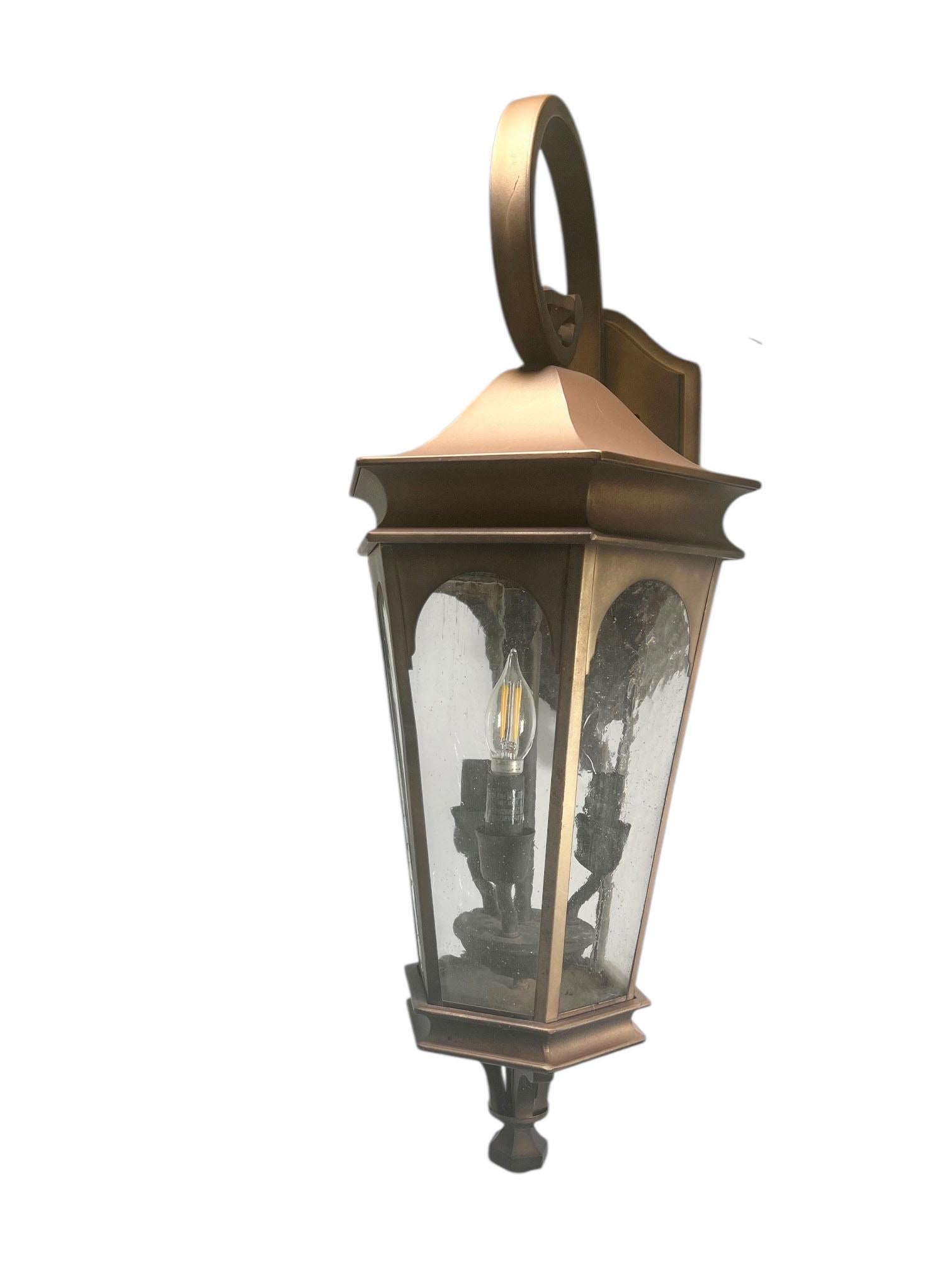 American Metal Three Light Lanterns with Crackle Glass For Sale