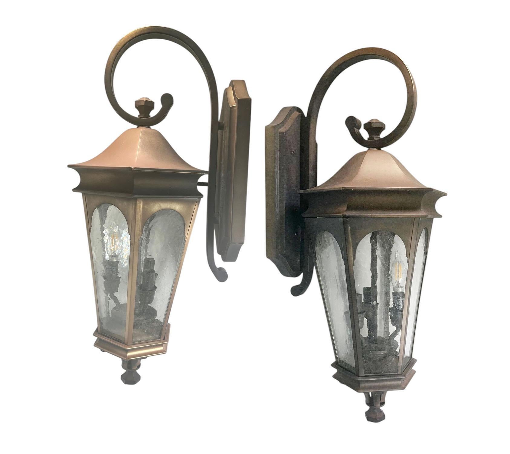 Metal Three Light Lanterns with Crackle Glass For Sale 1