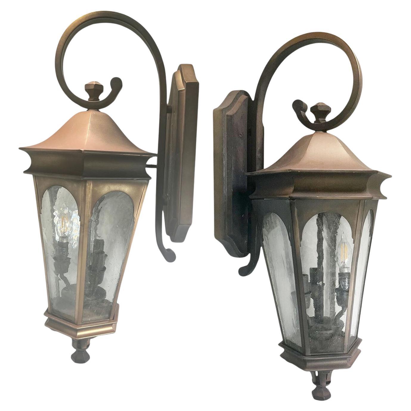 Metal Three Light Lanterns with Crackle Glass For Sale
