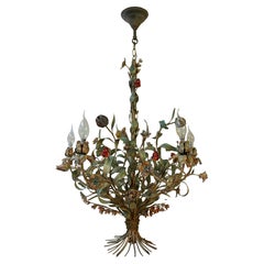 Metal Tole Colorful Hand Painted Romantic Flowers Bouquet Pendant Lamp, Italy
