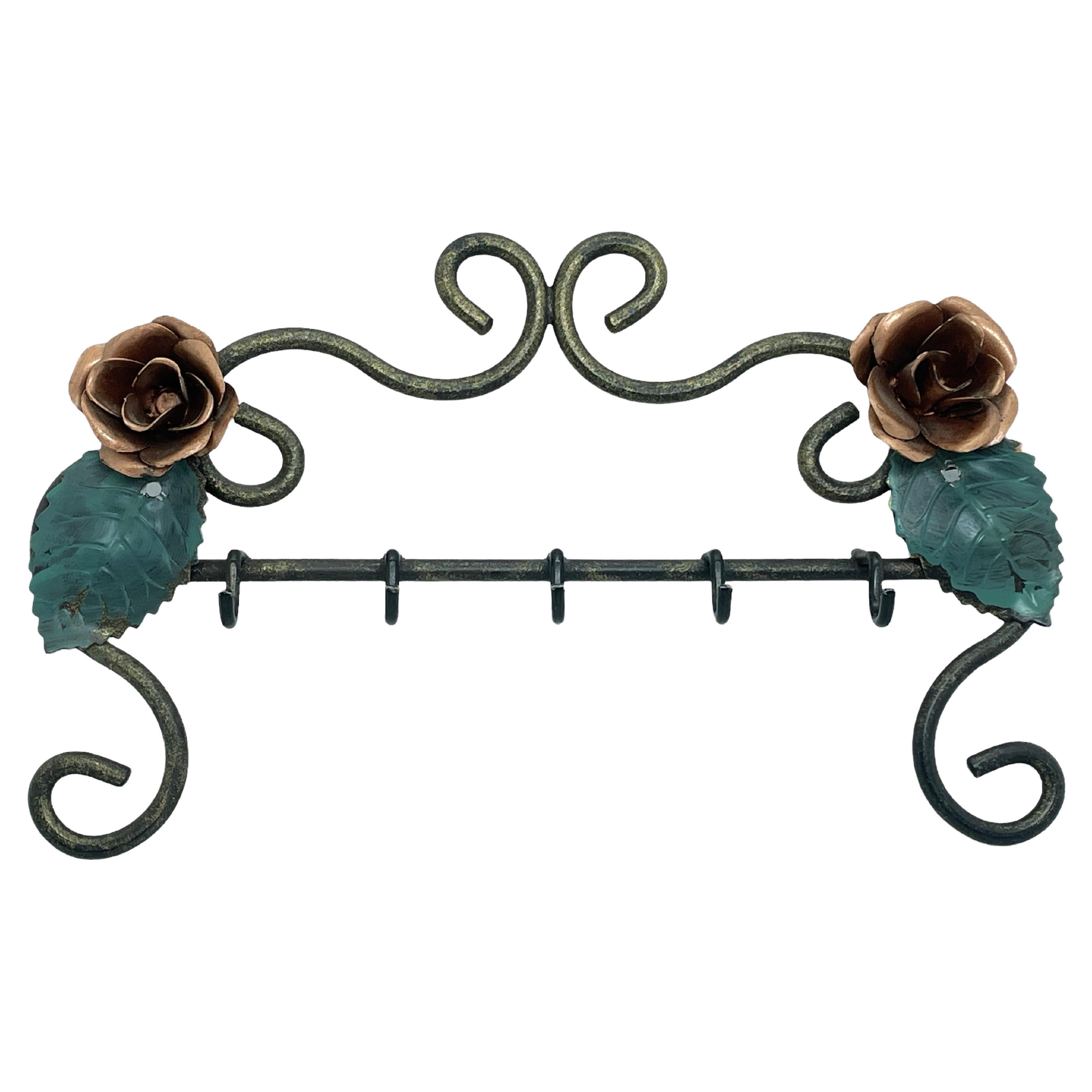 Metal Tole Rose Flower Key Hanger Wall Decoration, Italy Vintage, 1980s