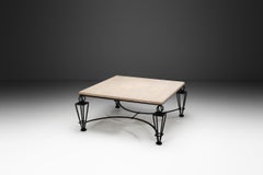 Metal Travertine Coffee Table in the manner of Gilbert Poillerat, Europe 1980s