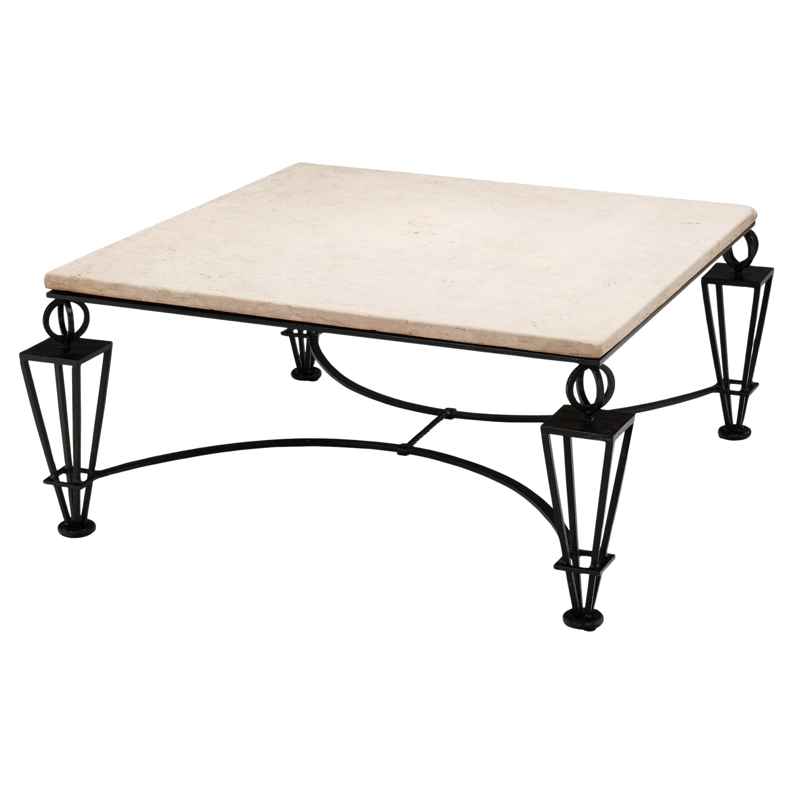 Metal Travertine Coffee Table in the manner of Gilbert Poillerat, Europe 1980s For Sale