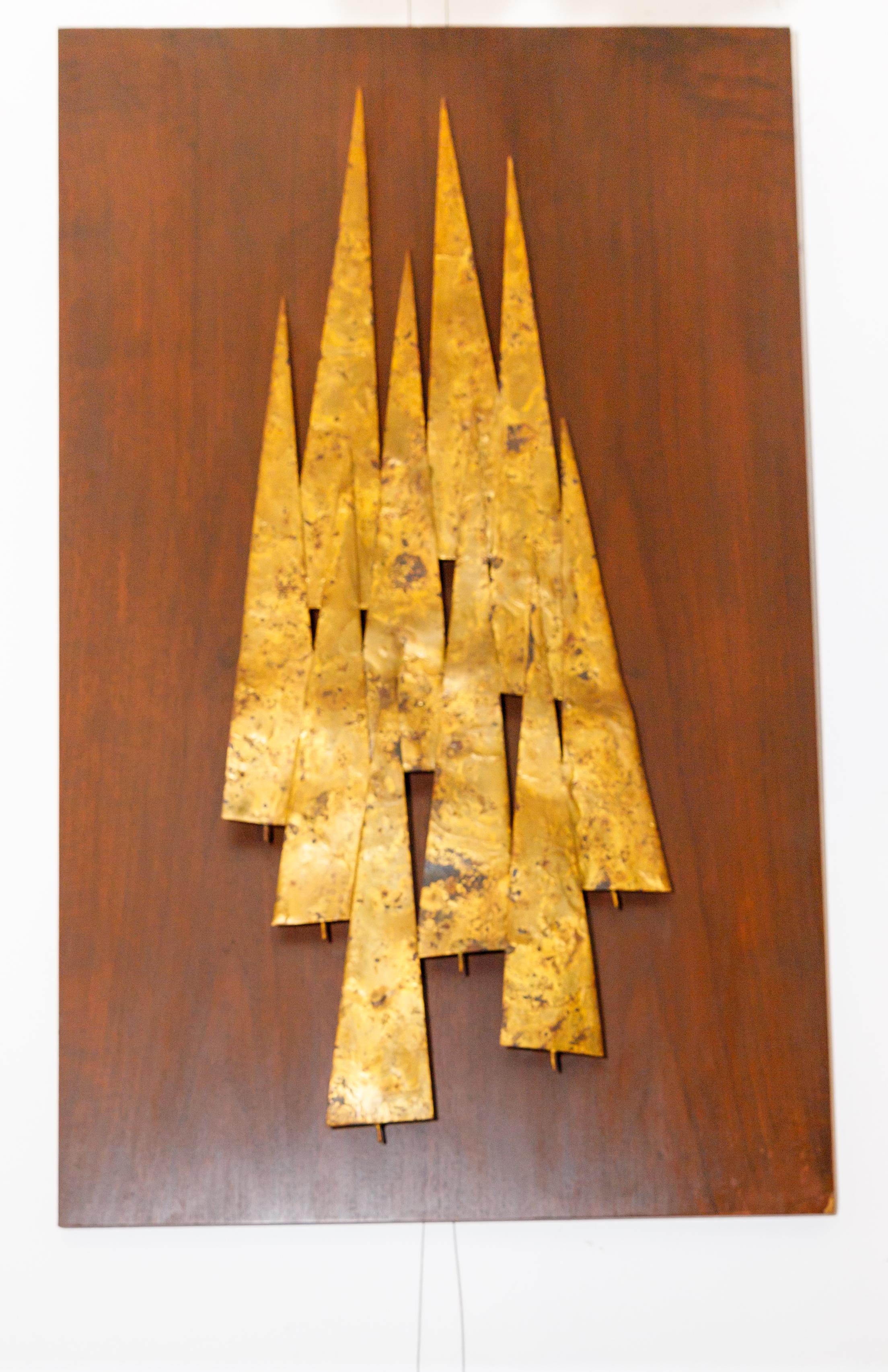 Mid-Century Modern Metal Tree Form Sculpture Mounted on Walnut Plank For Sale