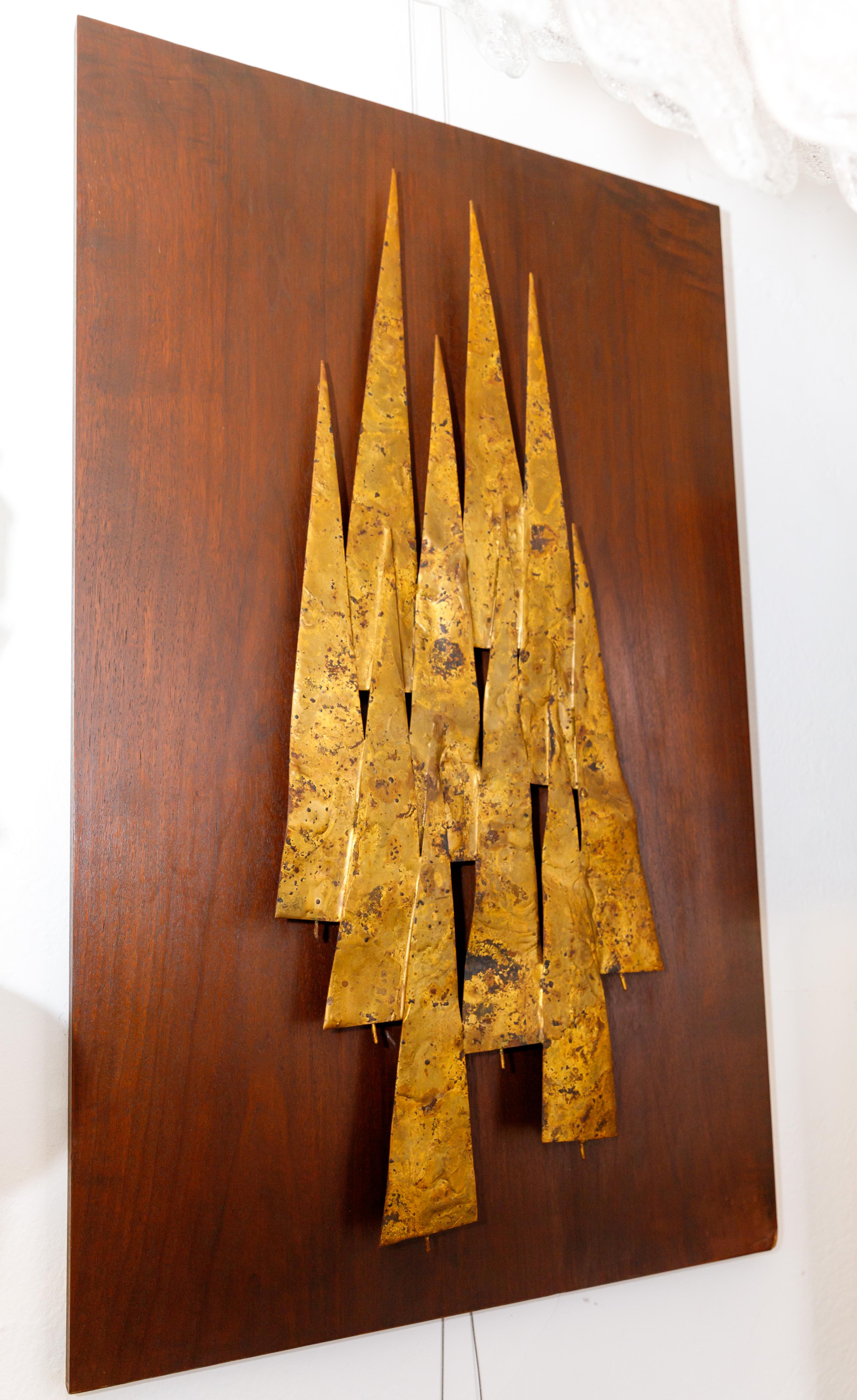 Metal Tree Form Sculpture Mounted on Walnut Plank In Fair Condition For Sale In Bridgehampton, NY