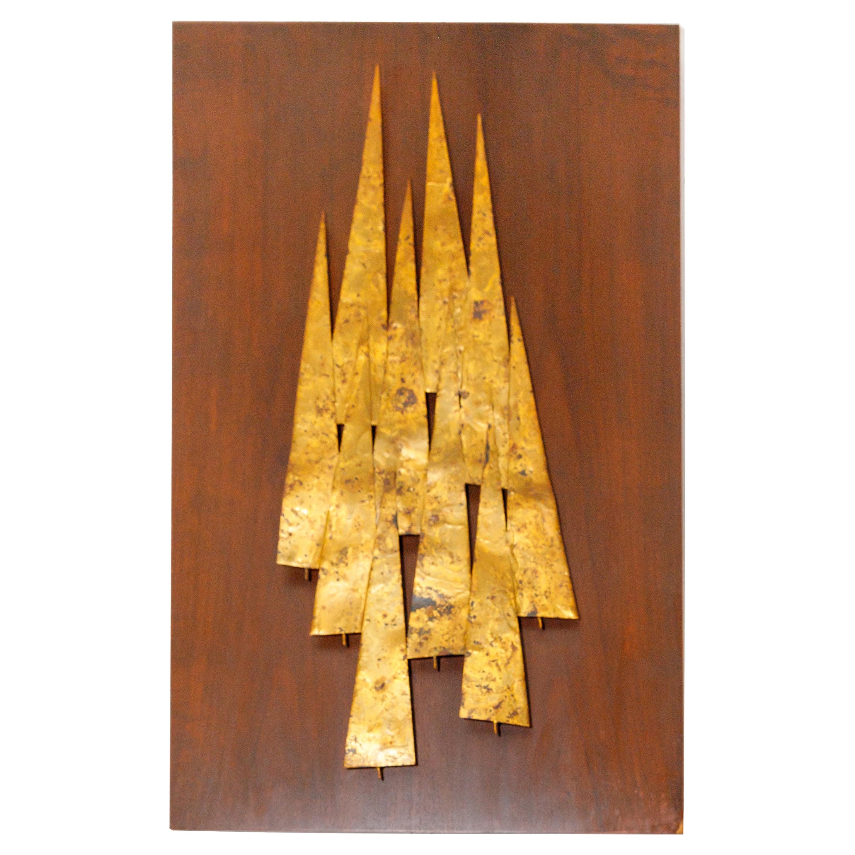 Metal Tree Form Sculpture Mounted on Walnut Plank For Sale