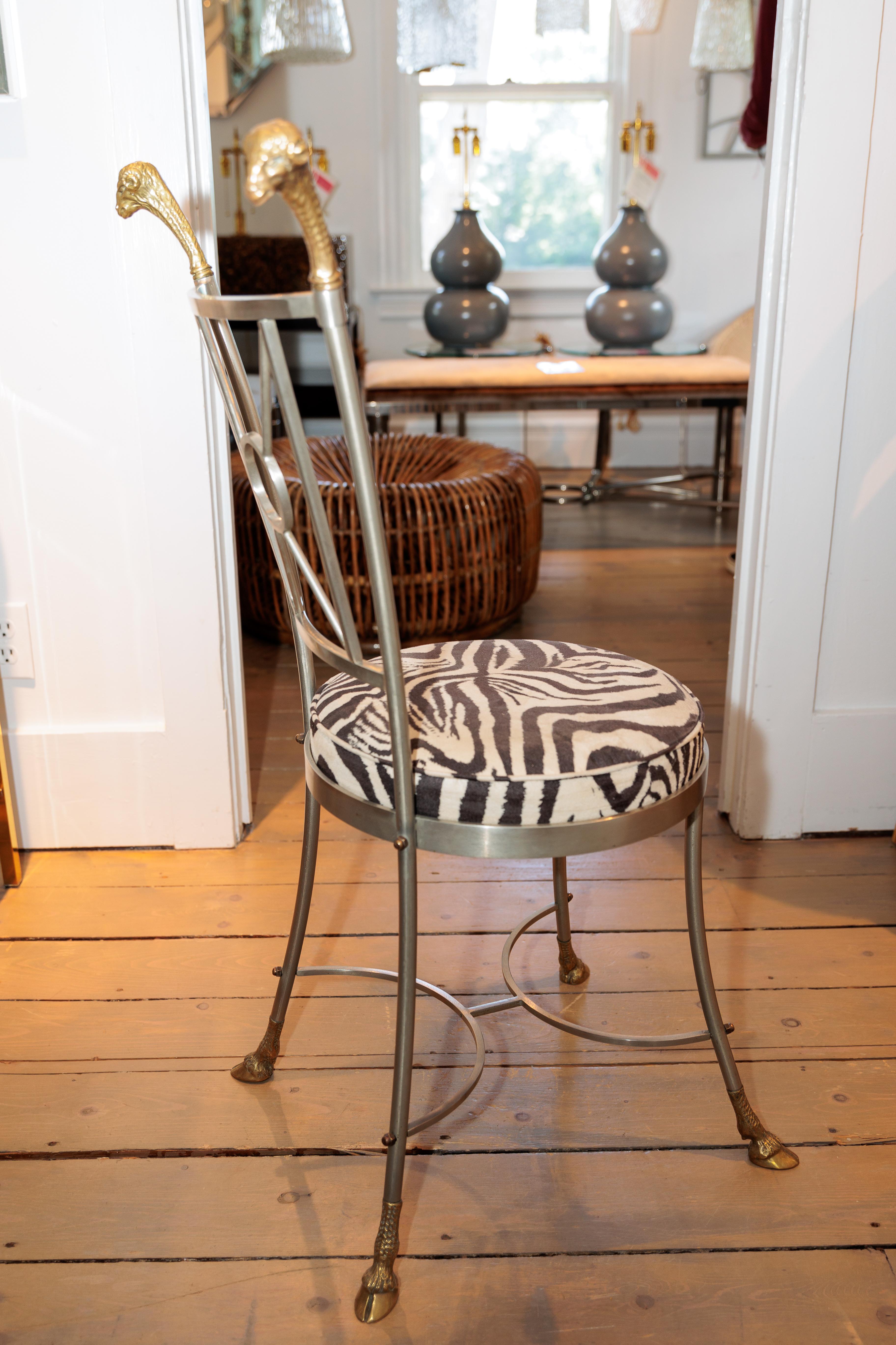 20th Century Metal Upholstered Side Chair with Brass Ram's Head and Hoof Details For Sale