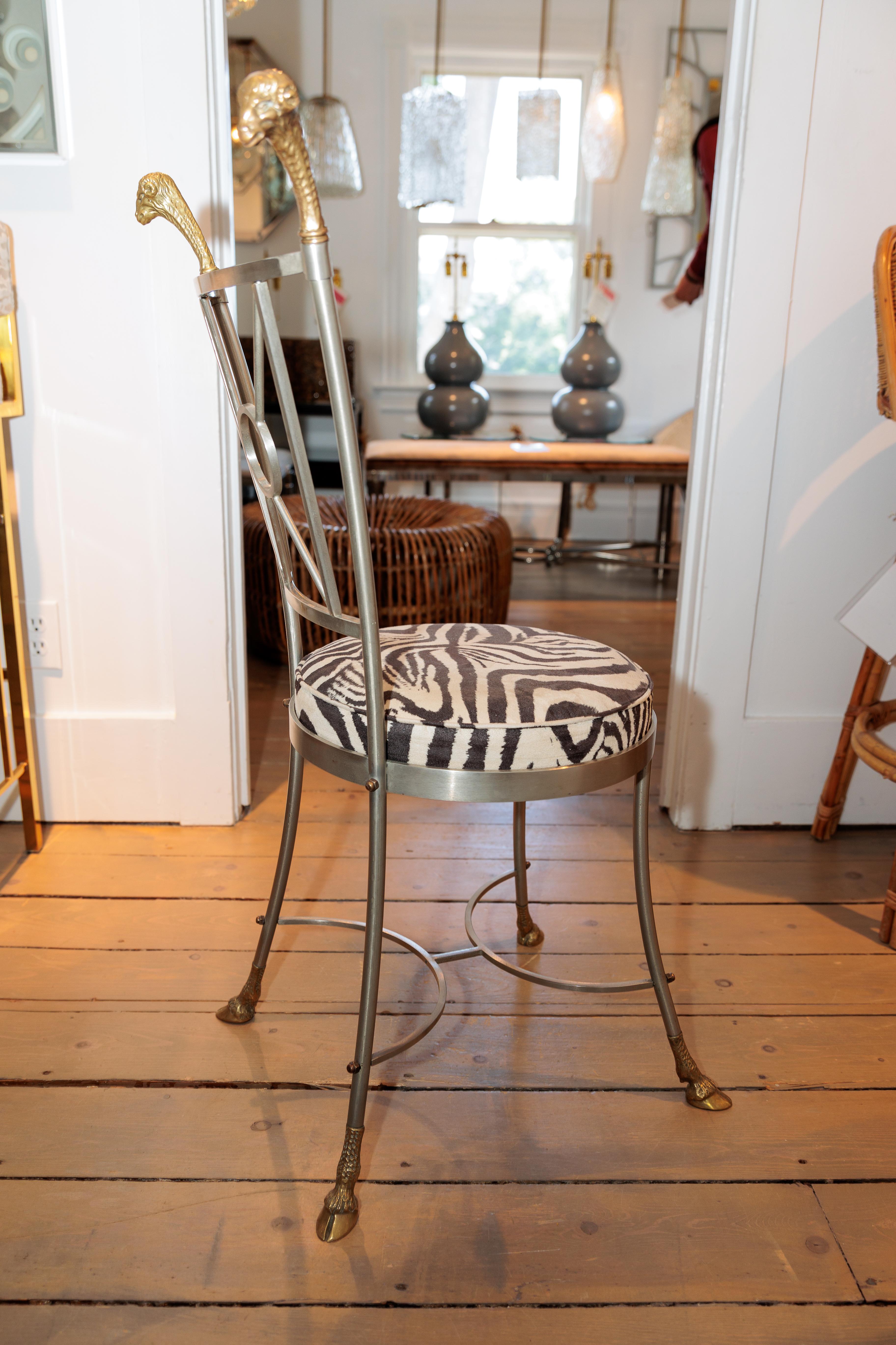 Metal Upholstered Side Chair with Brass Ram's Head and Hoof Details For Sale 1
