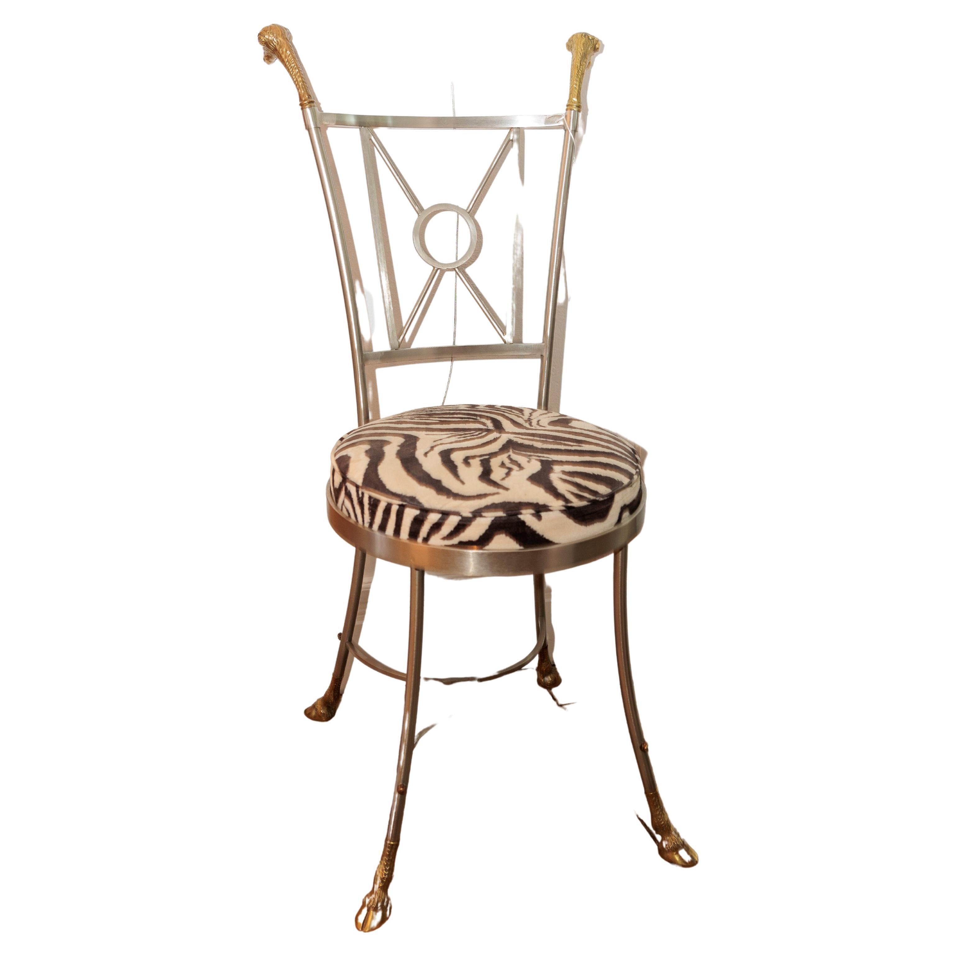 Metal Upholstered Side Chair with Brass Ram's Head and Hoof Details For Sale