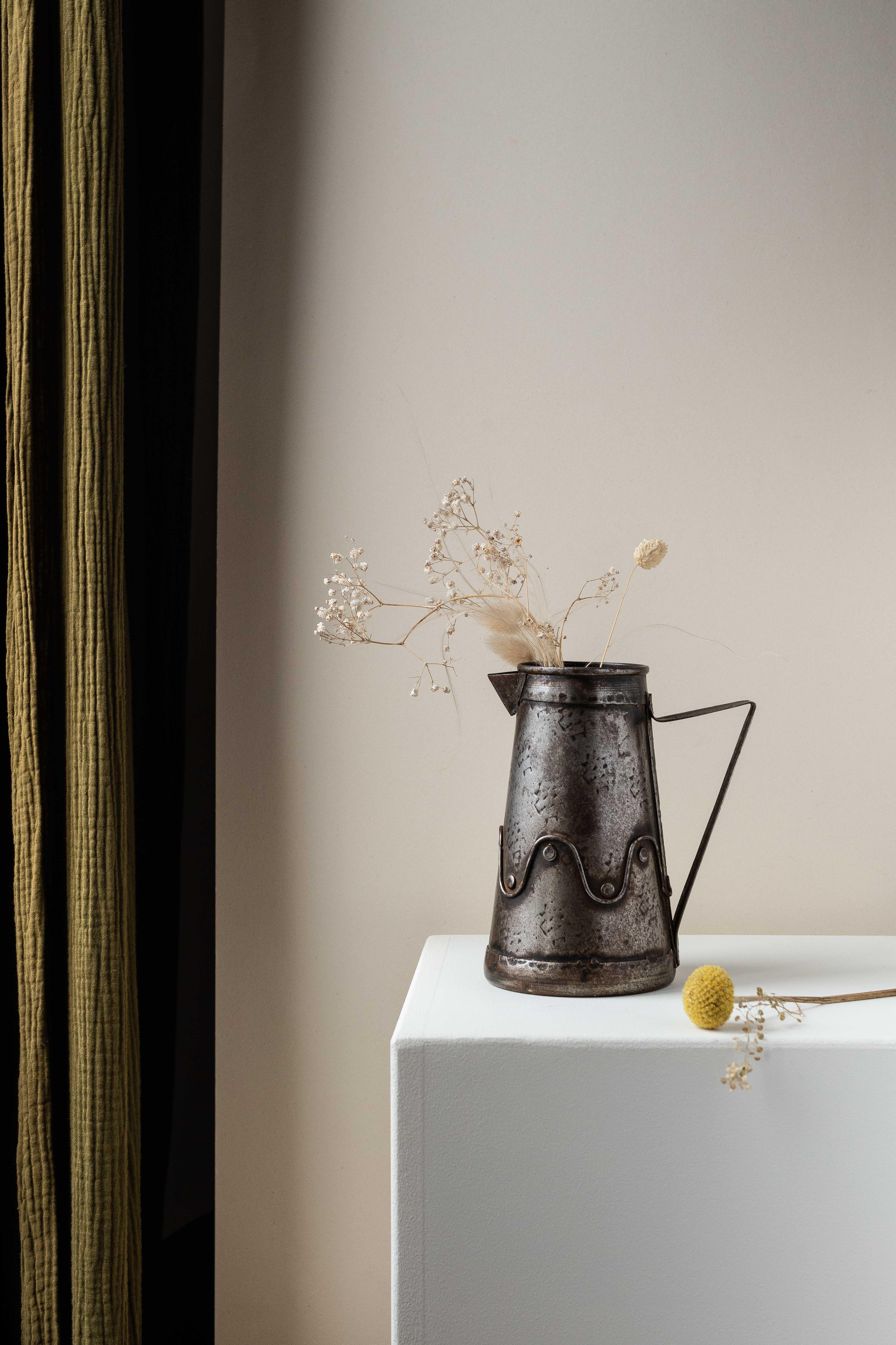 Carafe ou pichet en métal brossé, France Circa 1950.

Une belle pièce d'art populaire, initialement destinée à servir de l'eau et des boissons.

Serait très décoratif, utilisé comme vase, pour des fleurs séchées ou fraîches.

Très beau travail du