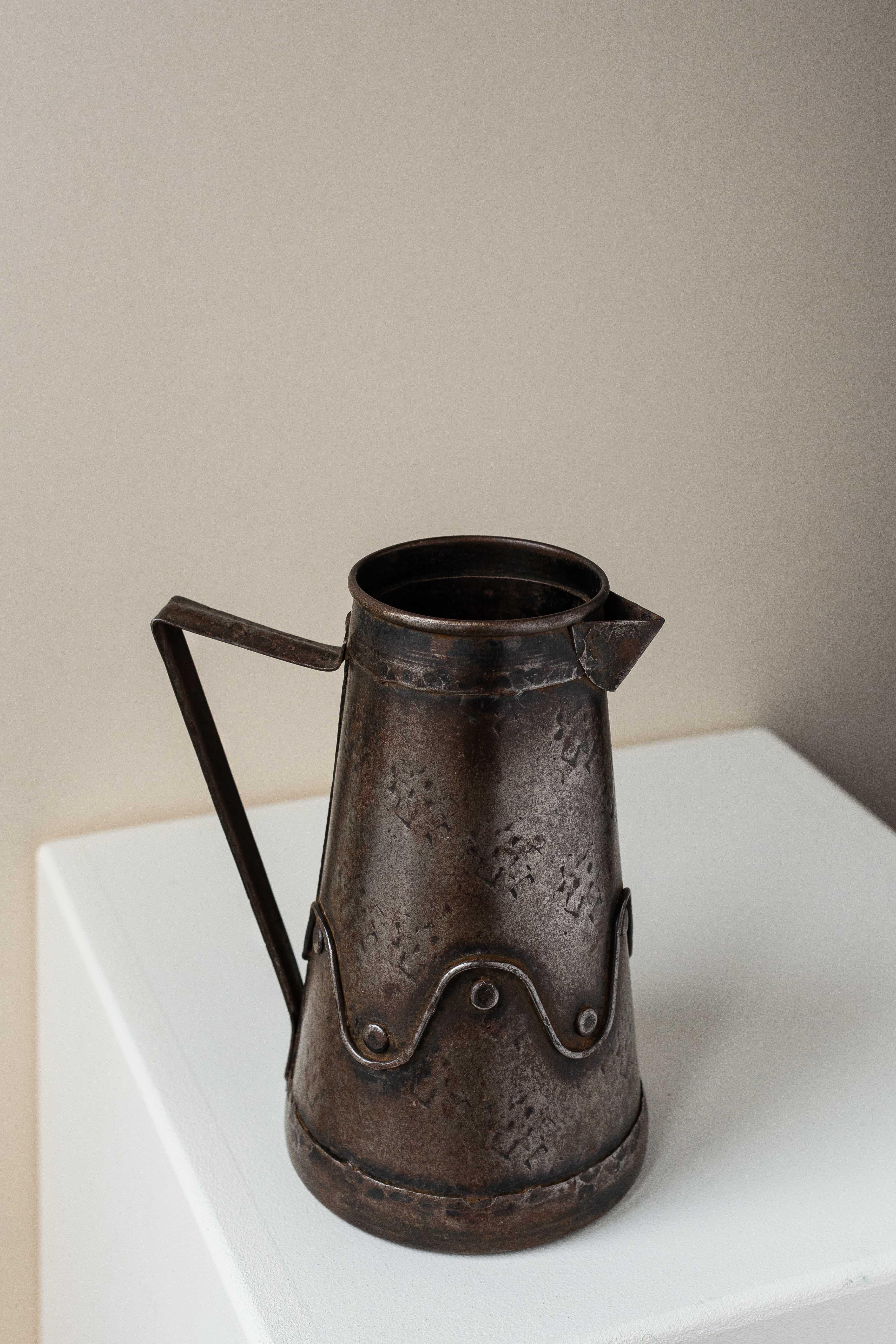 French Metal Vase or Pichet, Graphic Patterns, Circa 1950 For Sale