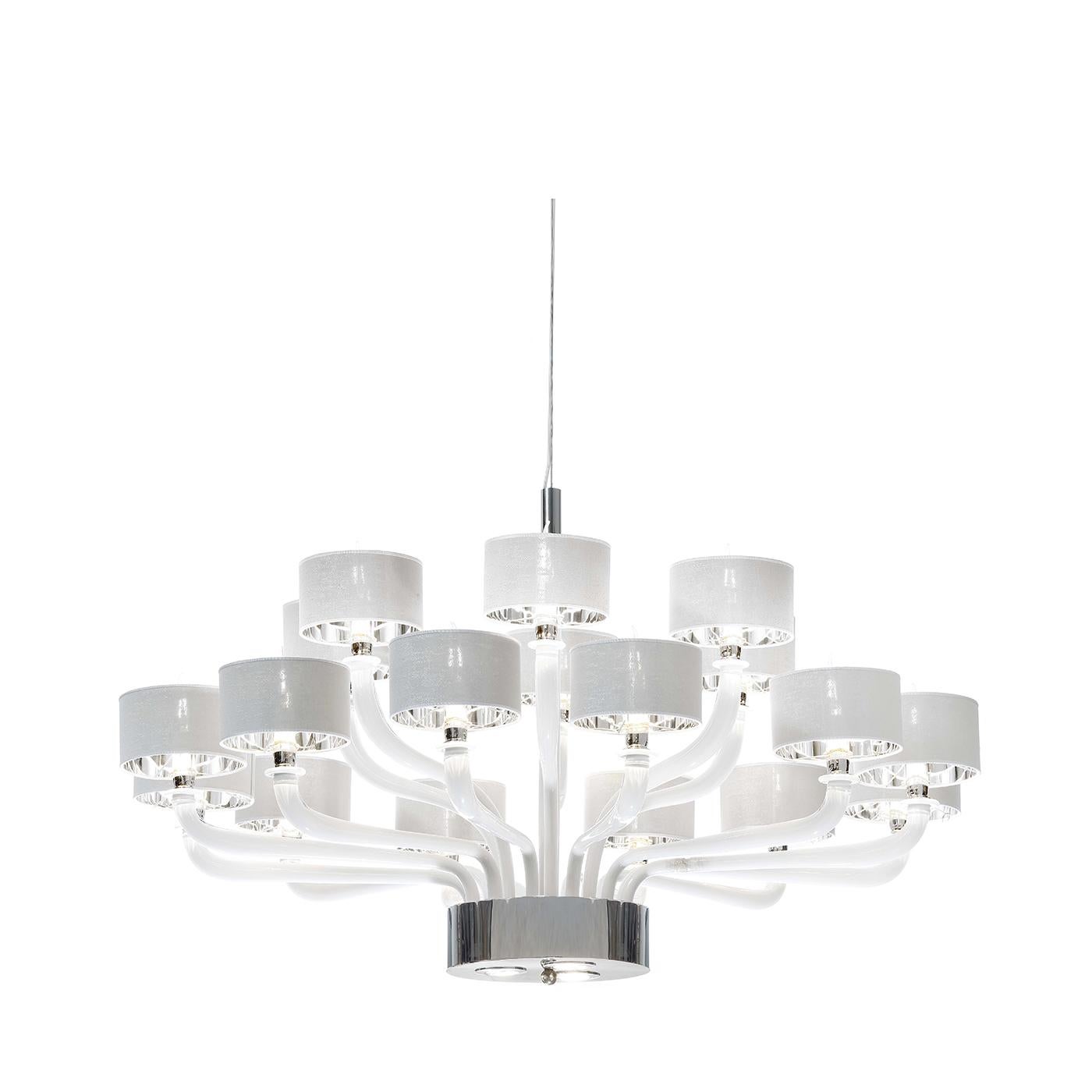 The sophisticated design of this superb chandelier mixes traditional shapes and a contemporary attitude, making it a timeless object of functional decor that will enliven any home. The white Venetian mouth-blown glass forms the curved arms of the 18