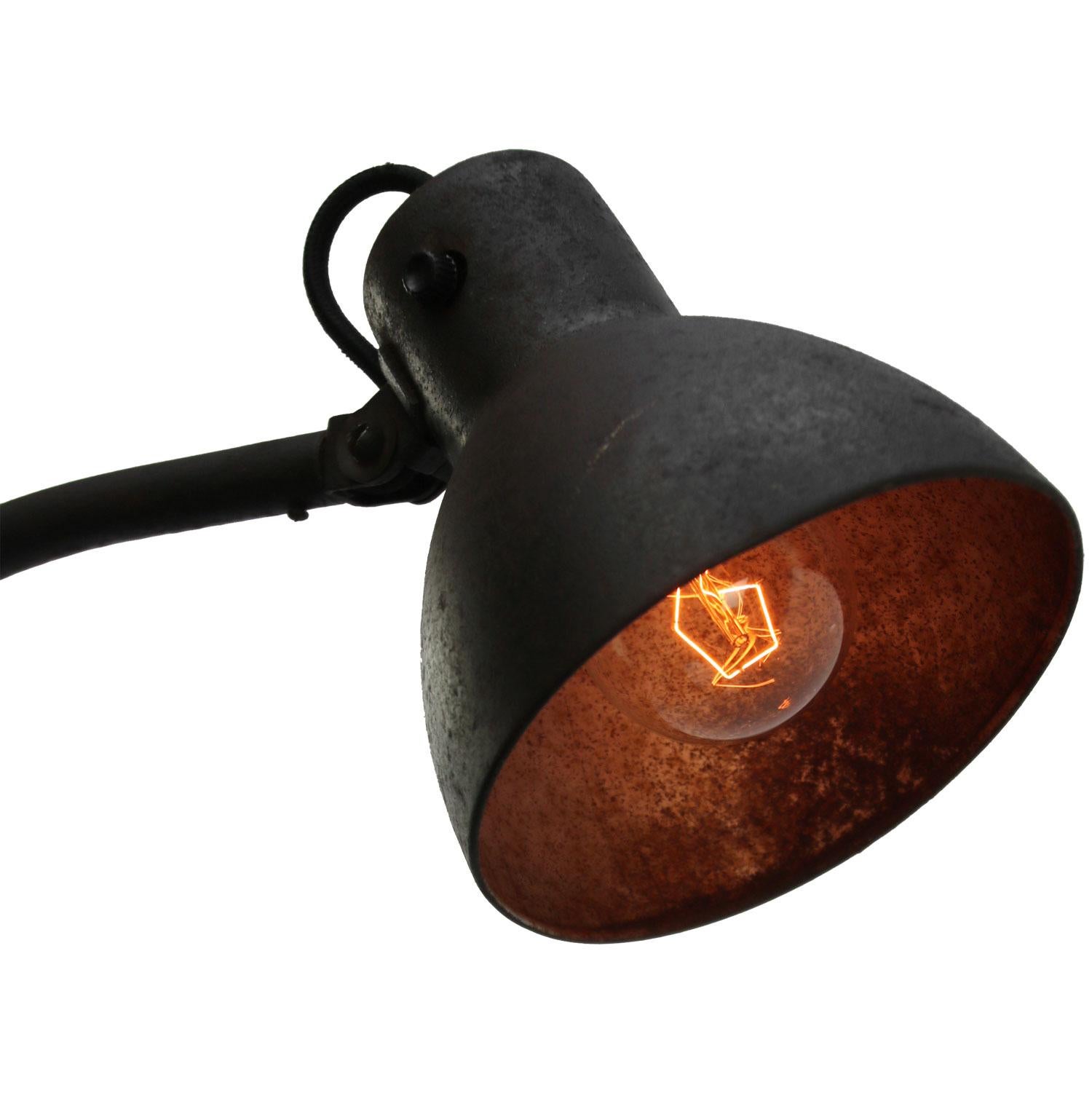 Dark brown black Industrial work / desk light with metal shade
Black cotton wire, plug and switch in shade

Weight: 1.80 kg / 4 lb

Priced per individual item. All lamps have been made suitable by international standards for incandescent light