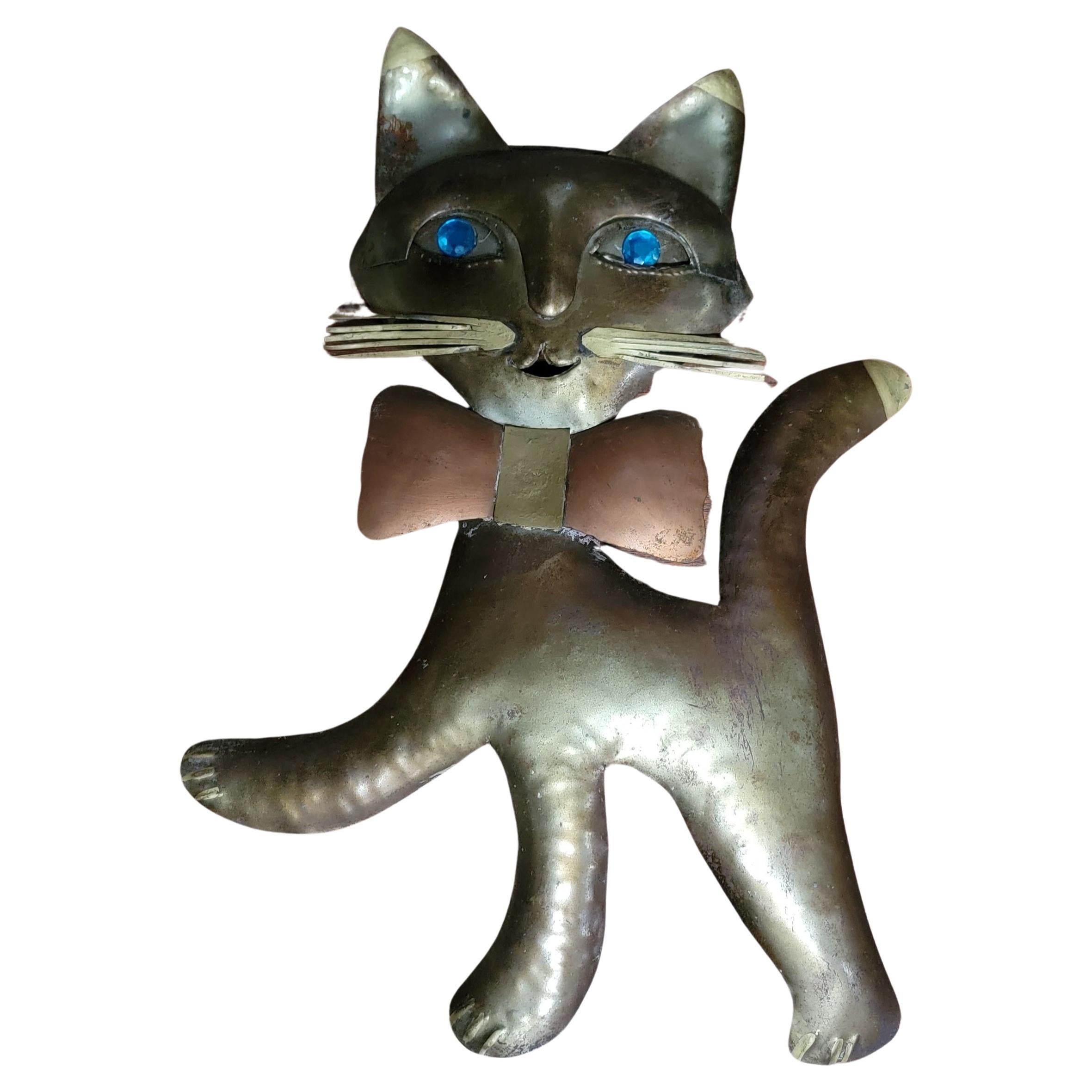 Metal Wall Sculpture Cat Copper & Brass For Sale