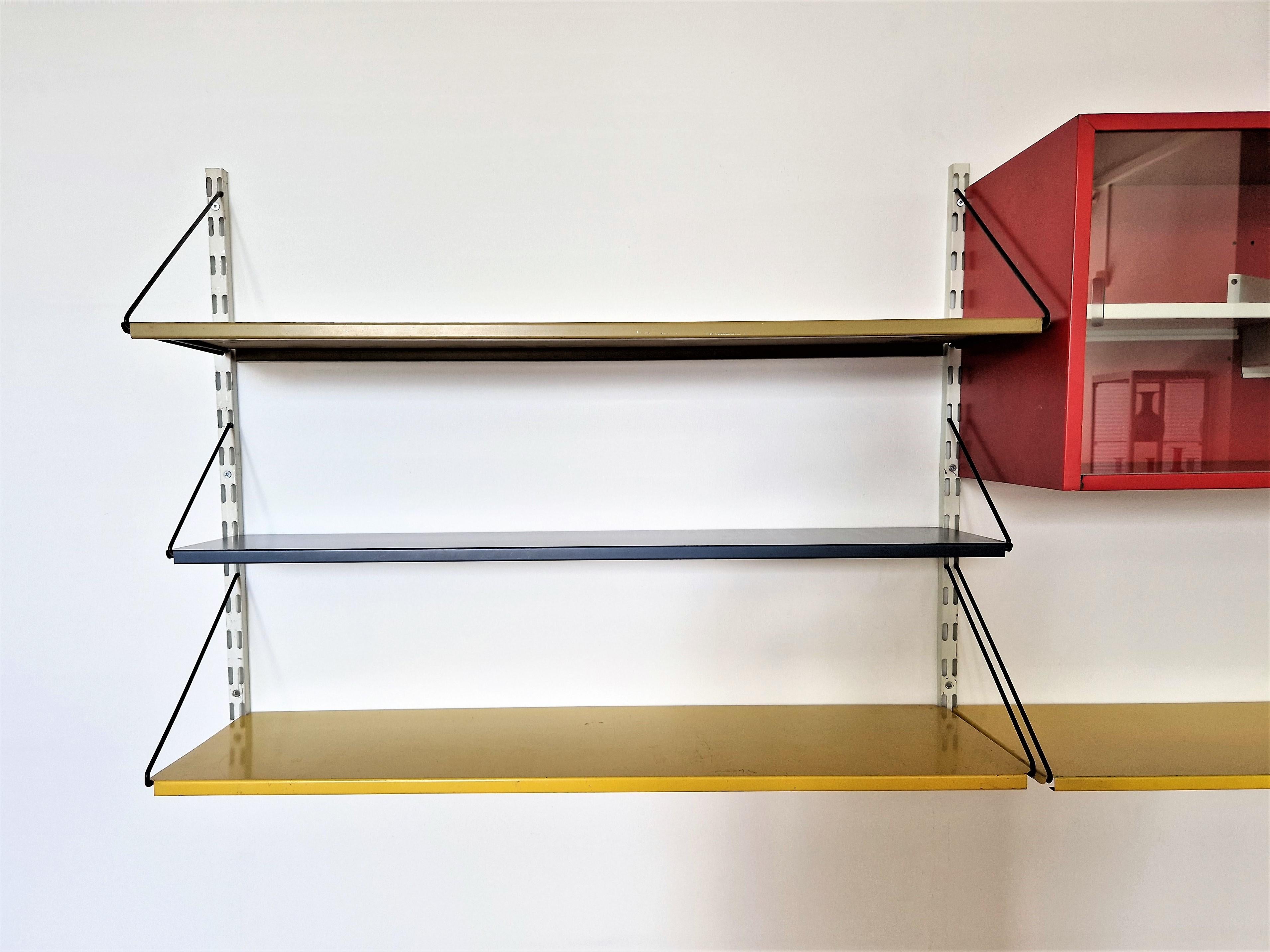 Mid-Century Modern Metal Wall Unit in Red, Yellow and Blue by Tjerk Rijenga for Pilastro, 1950's For Sale