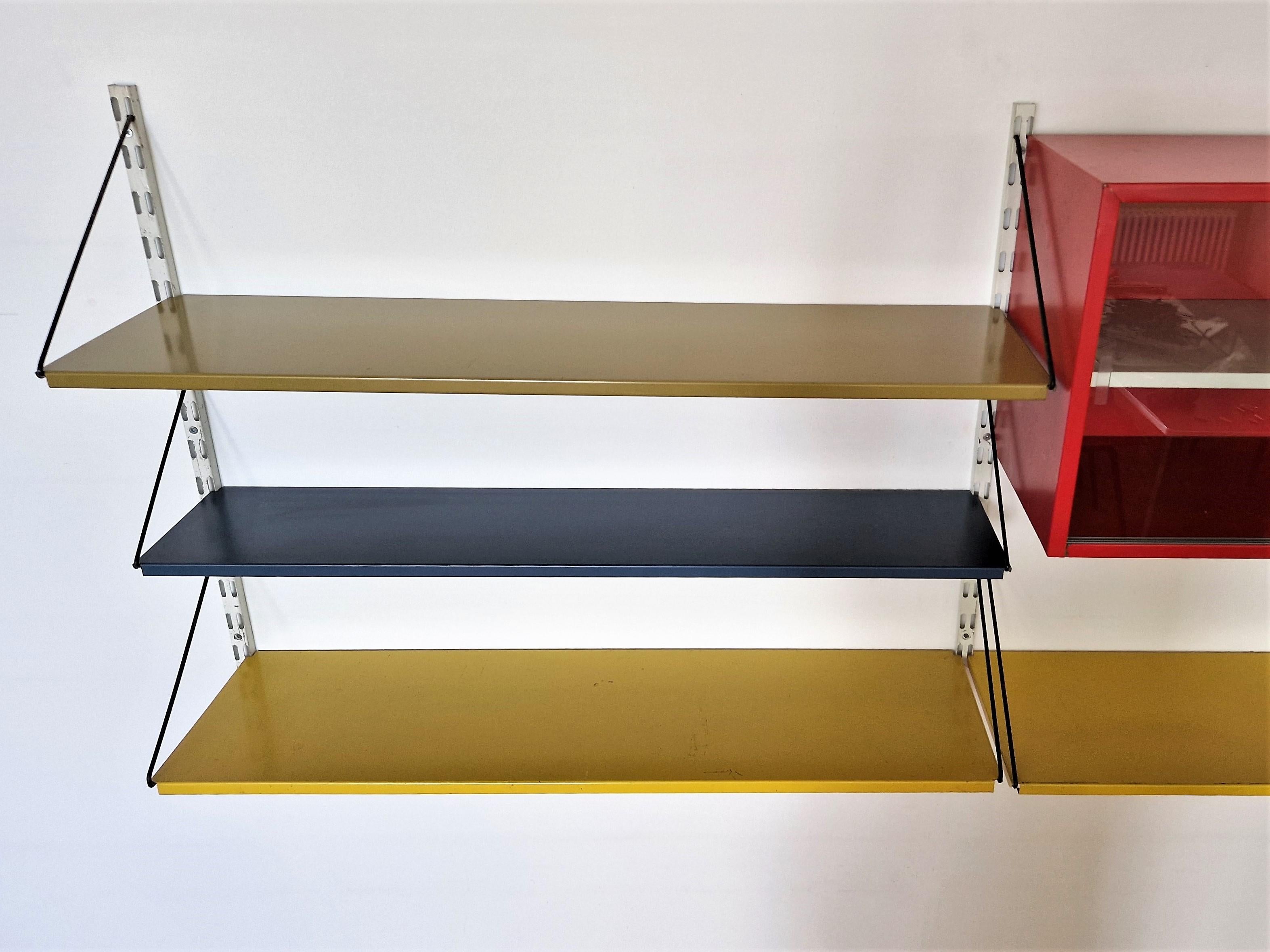 Dutch Metal Wall Unit in Red, Yellow and Blue by Tjerk Rijenga for Pilastro, 1950's For Sale