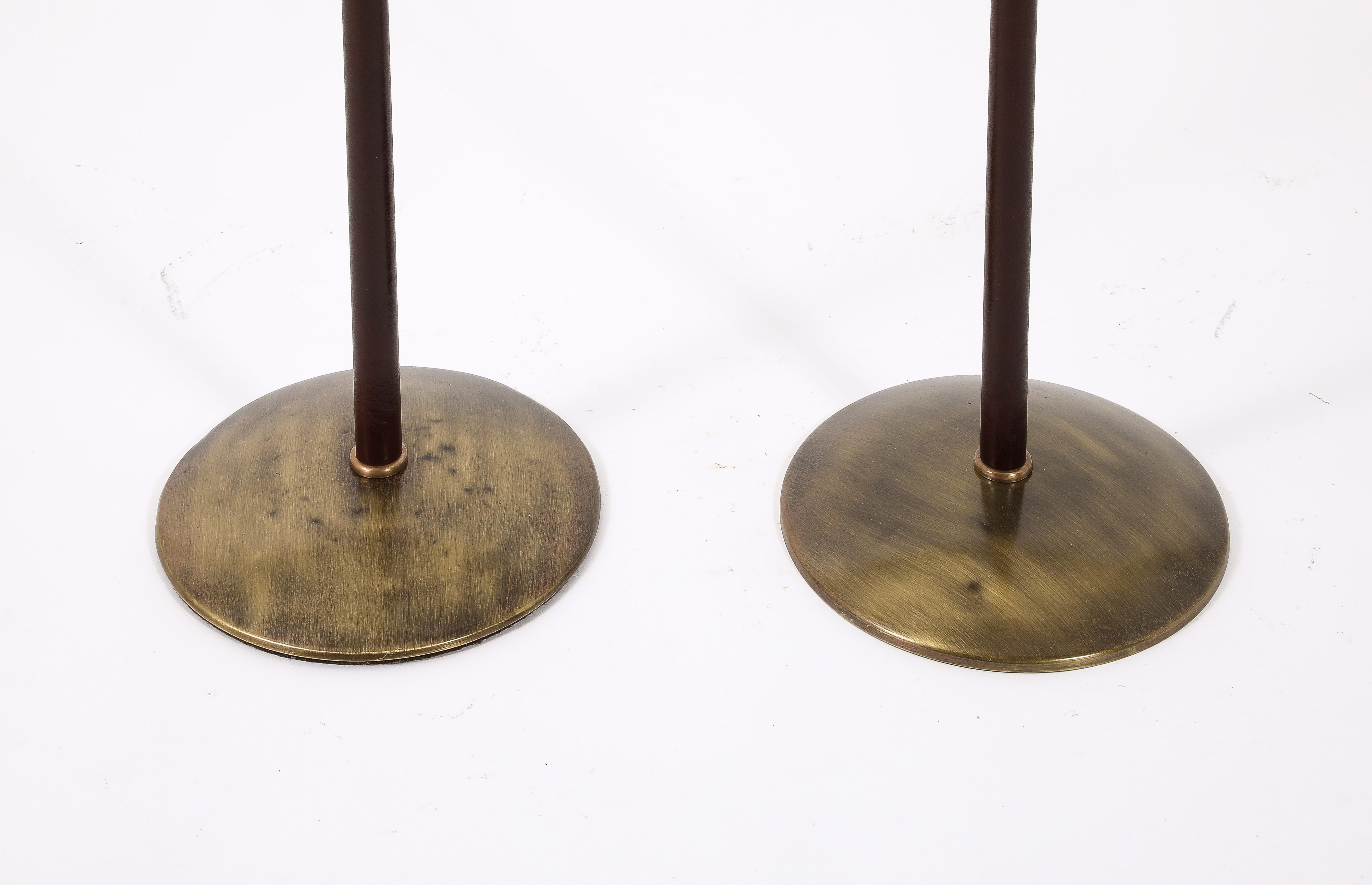 MetalArte Brass & Stitched Brown Leather Floor Lamps, Spain 1960's For Sale 4