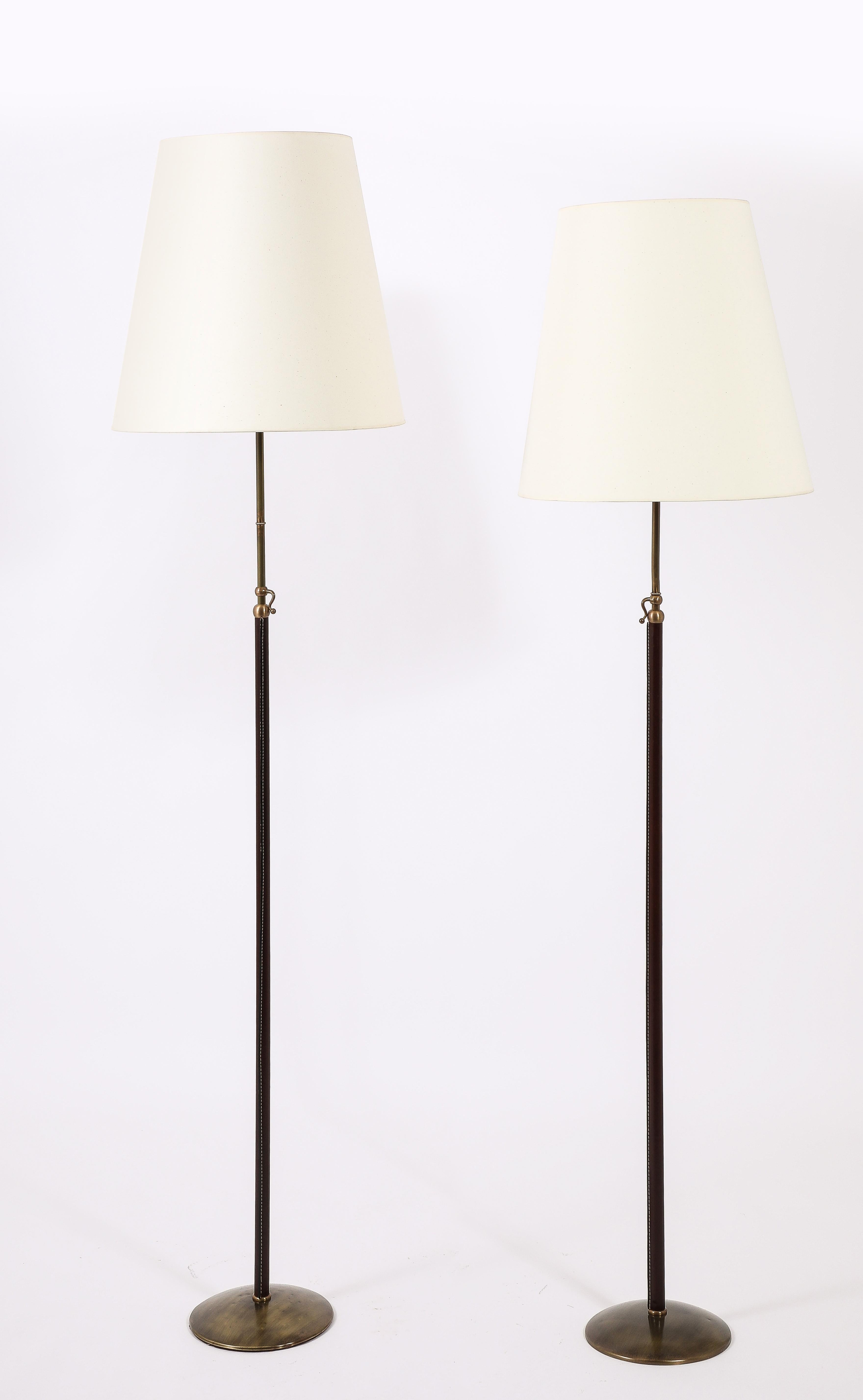 MetalArte Brass & Stitched Brown Leather Floor Lamps, Spain 1960's In Good Condition For Sale In New York, NY
