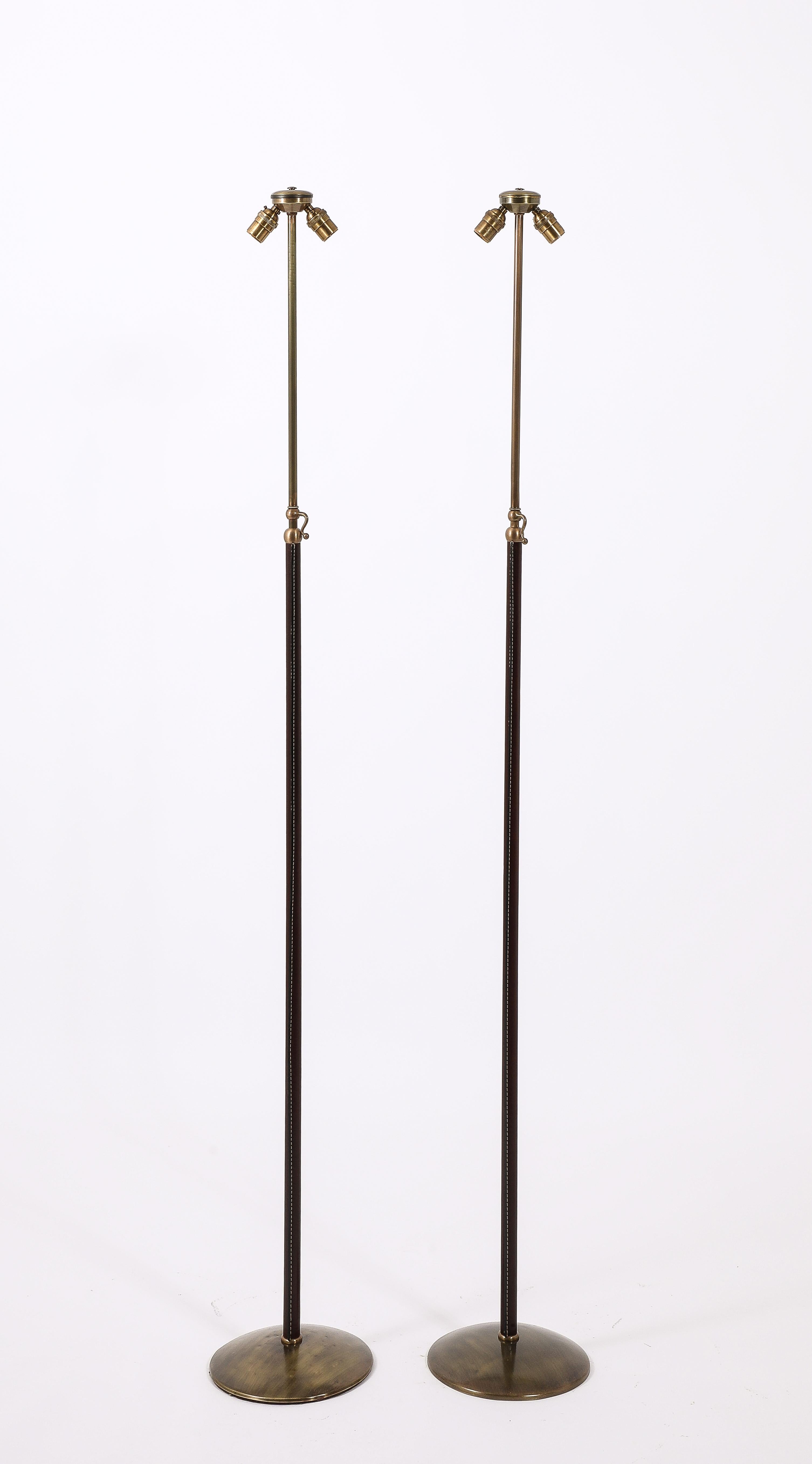 20th Century MetalArte Brass & Stitched Brown Leather Floor Lamps, Spain 1960's For Sale