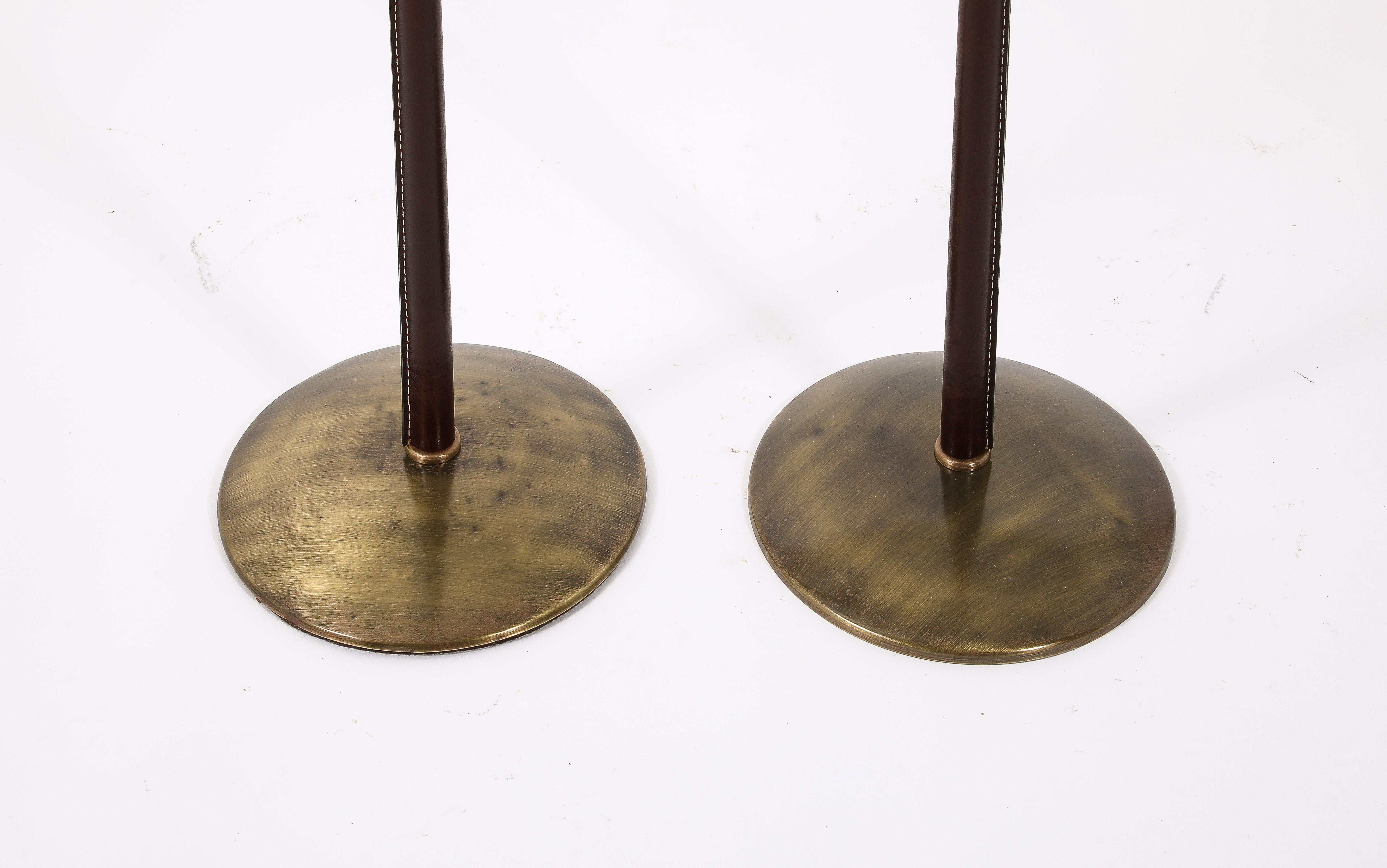 MetalArte Brass & Stitched Brown Leather Floor Lamps, Spain 1960's For Sale 1