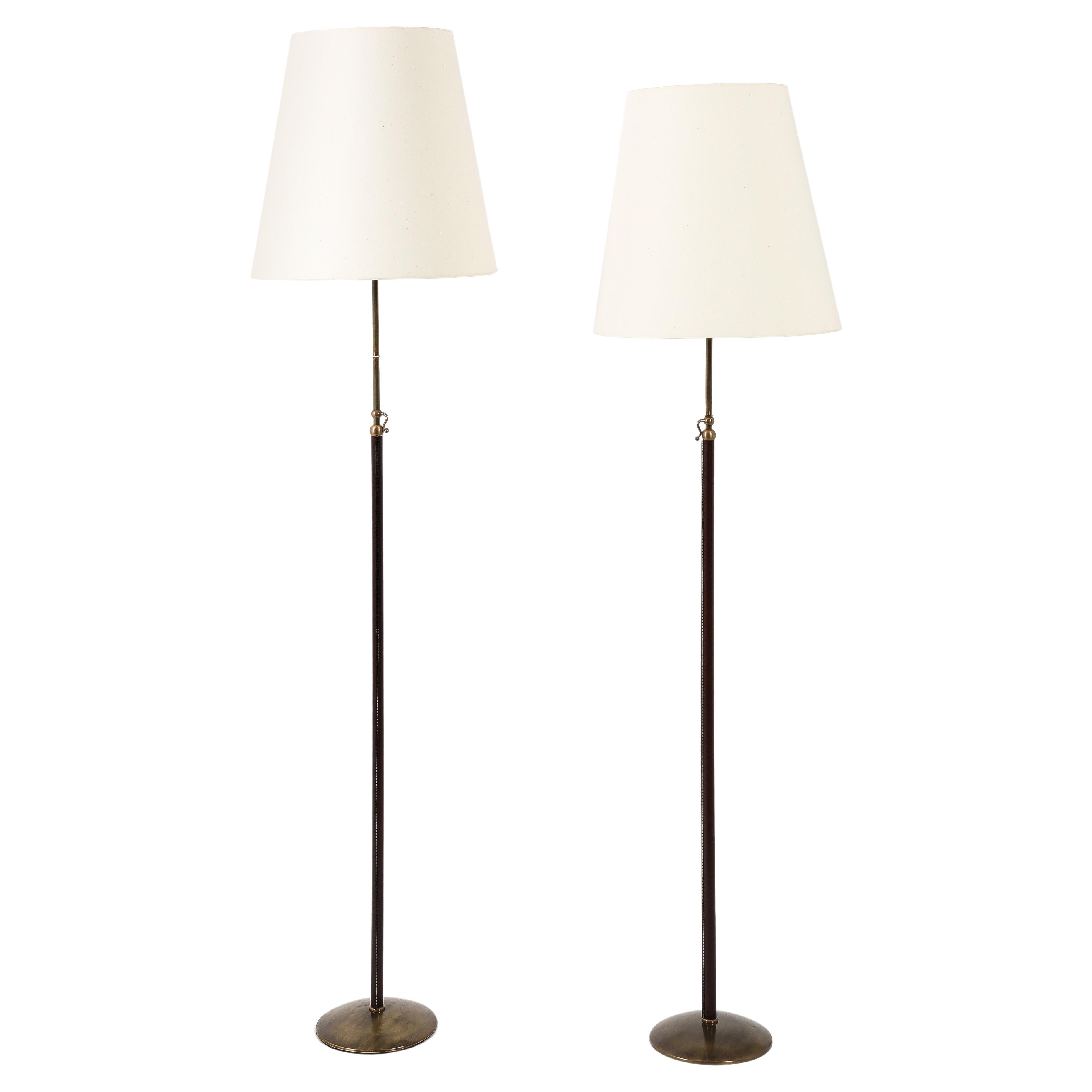 MetalArte Brass & Stitched Brown Leather Floor Lamps, Spain 1960's