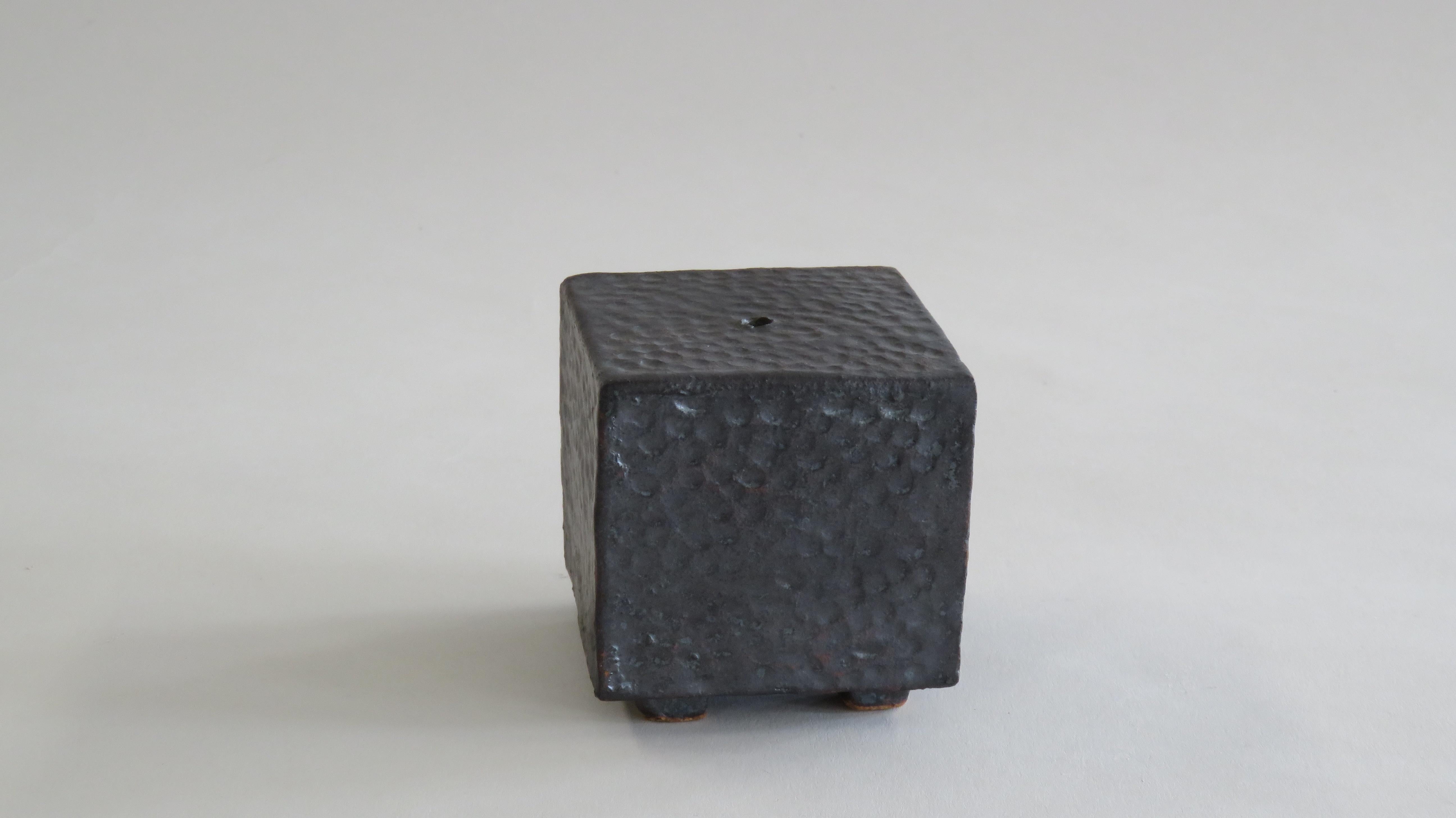 Organic Modern Small Ceramic Contemplation Cube, Mottled Surface in Metallic Black-Brown Glaze