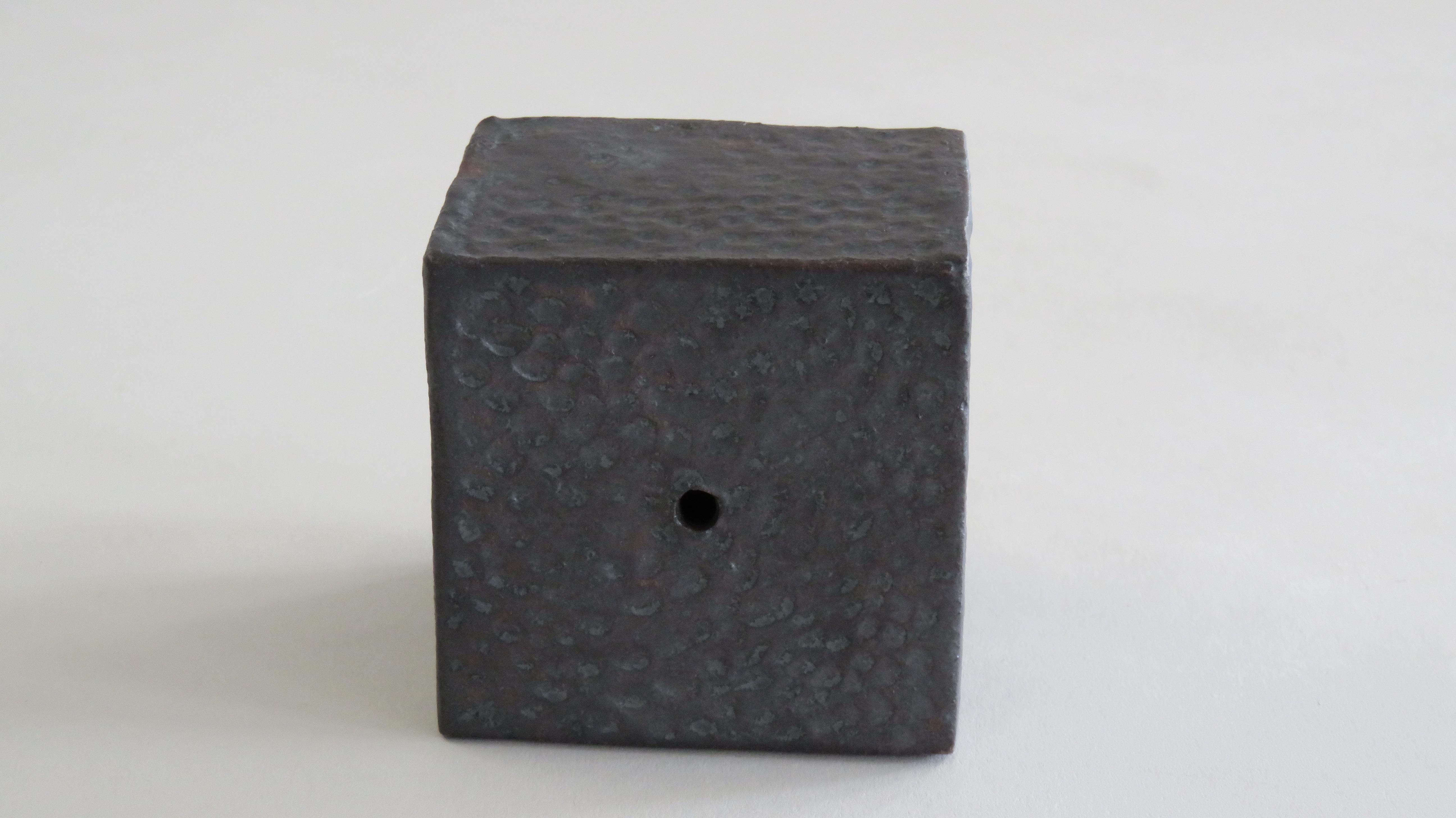 Glazed Small Ceramic Contemplation Cube, Mottled Surface in Metallic Black-Brown Glaze