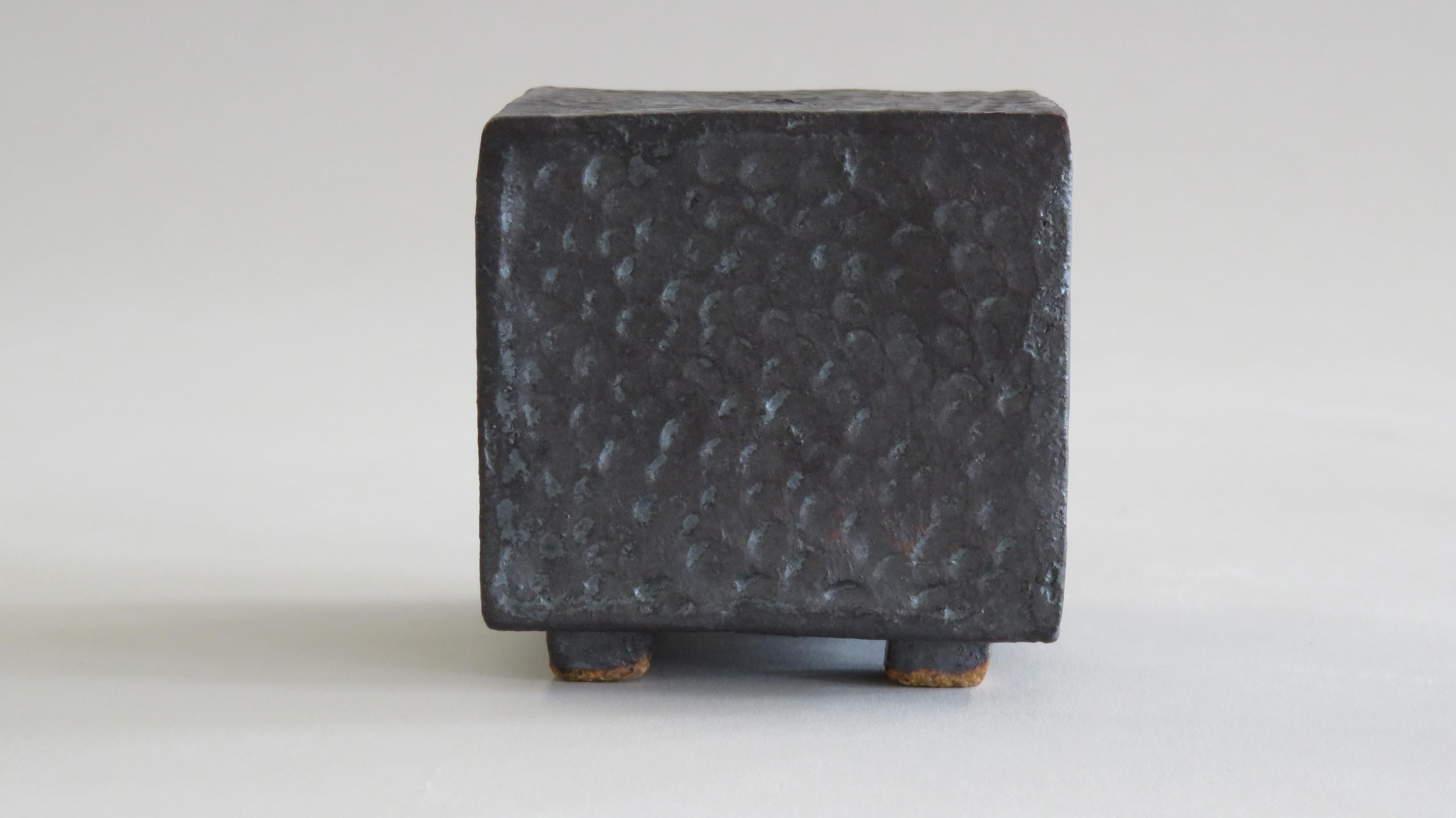 North American Small Ceramic Contemplation Cube, Mottled Surface in Metallic Black-Brown Glaze
