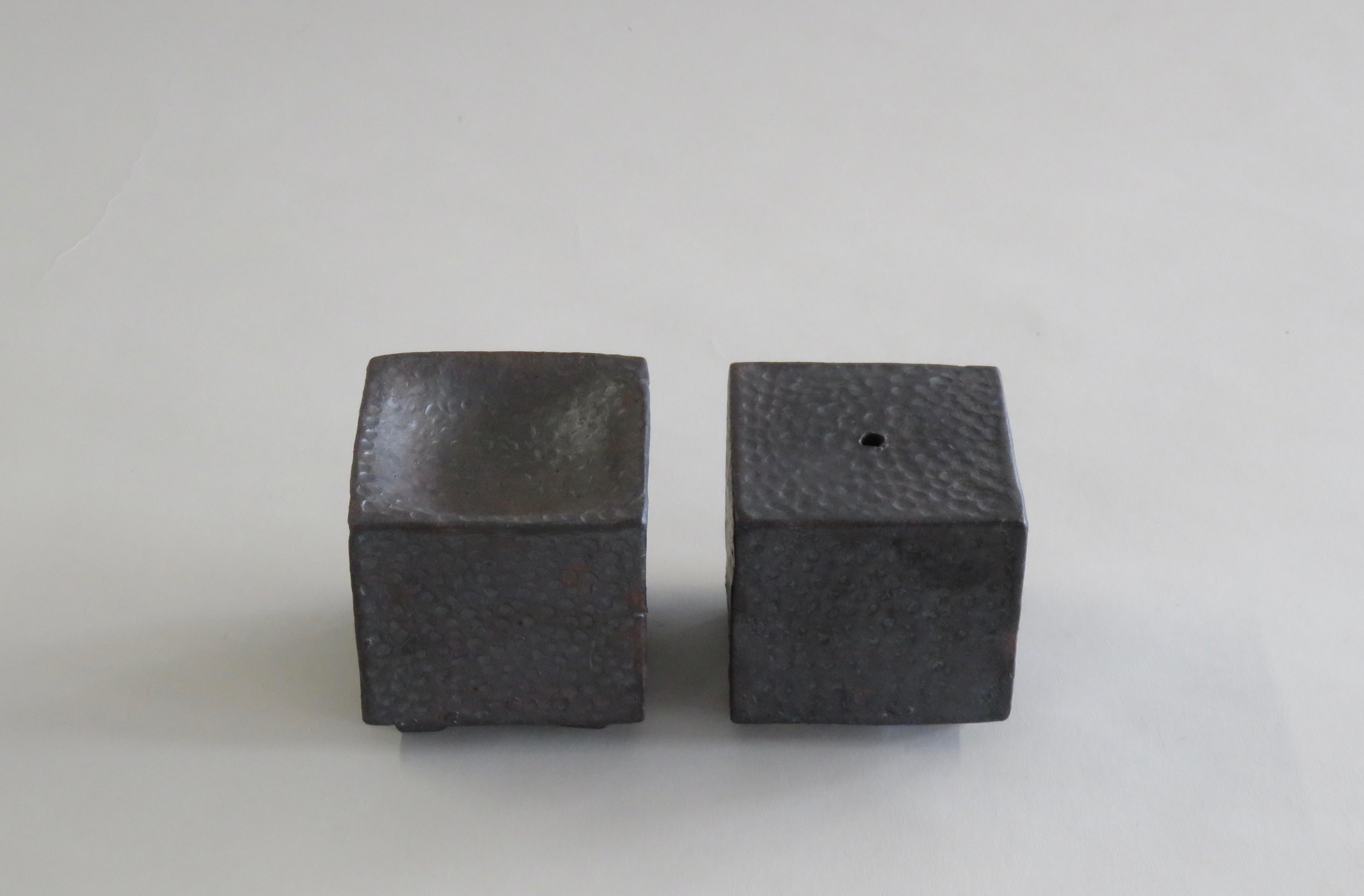Contemporary Small Ceramic Contemplation Cube, Mottled Surface in Metallic Black-Brown Glaze