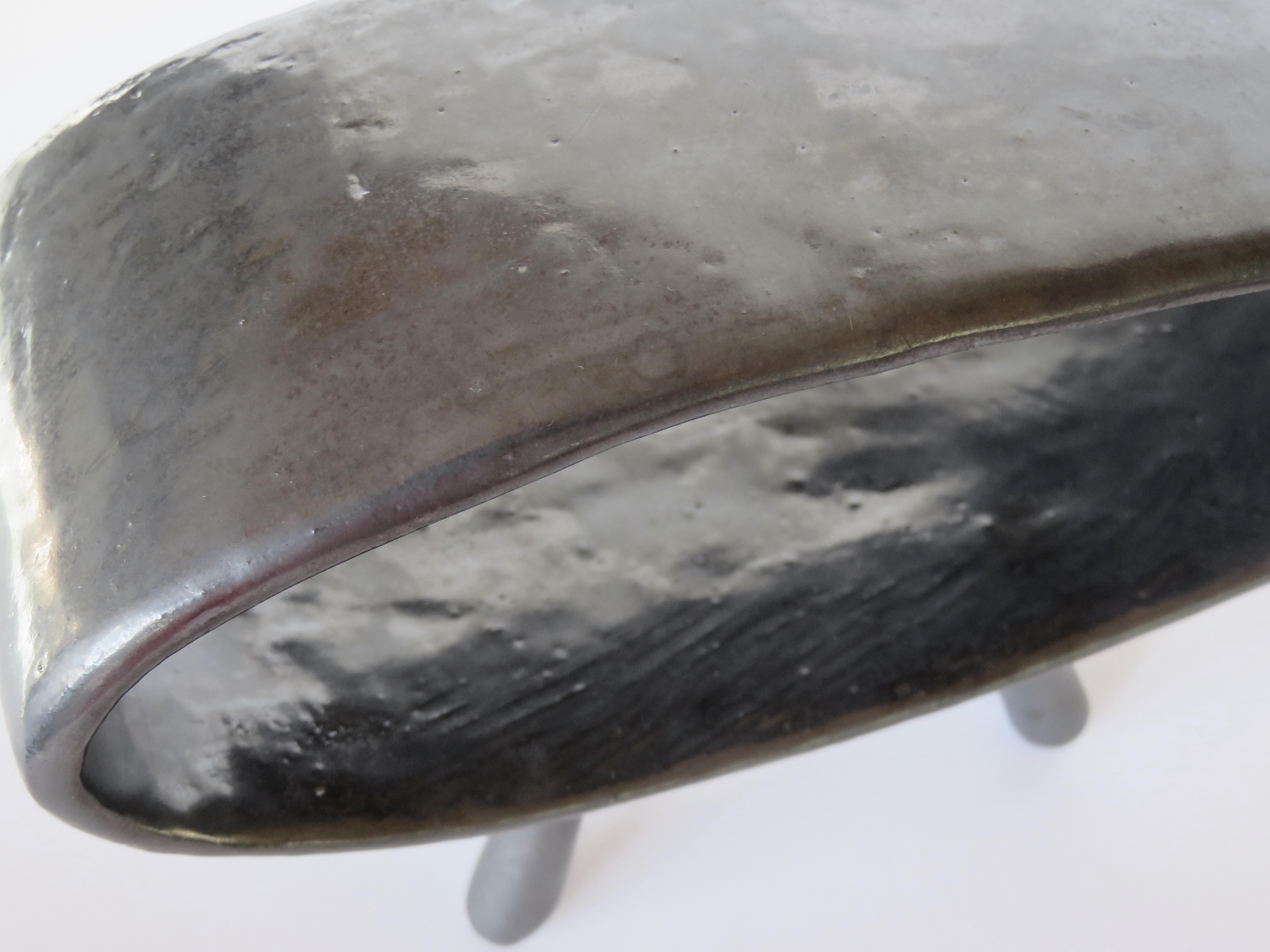 Metallic Black Ceramic Sculpture, Hollow Pointed Oval on 4 Legs, Hand Built 7