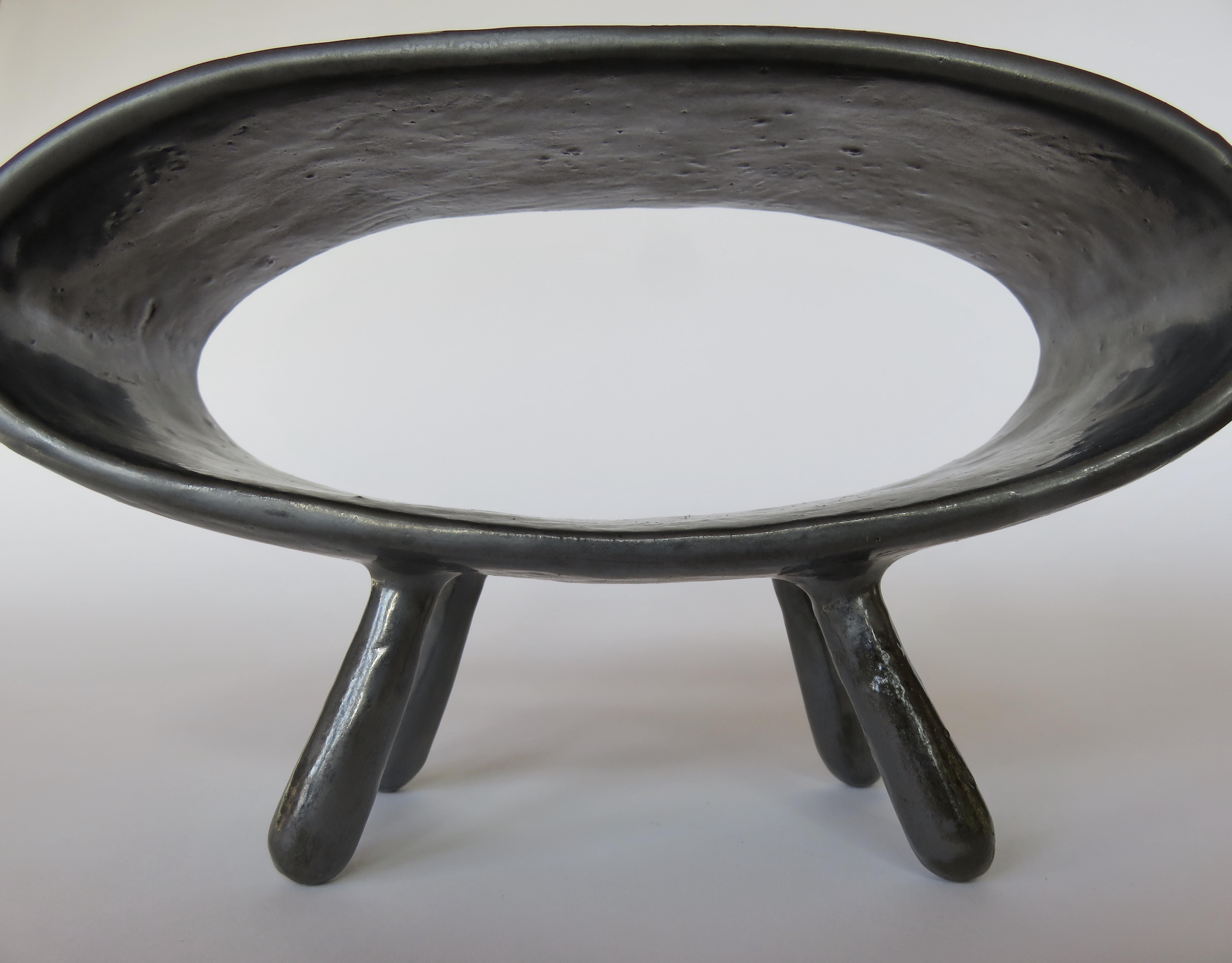 Metallic Black Ceramic Sculpture, Hollow Pointed Oval on 4 Legs, Hand Built 10