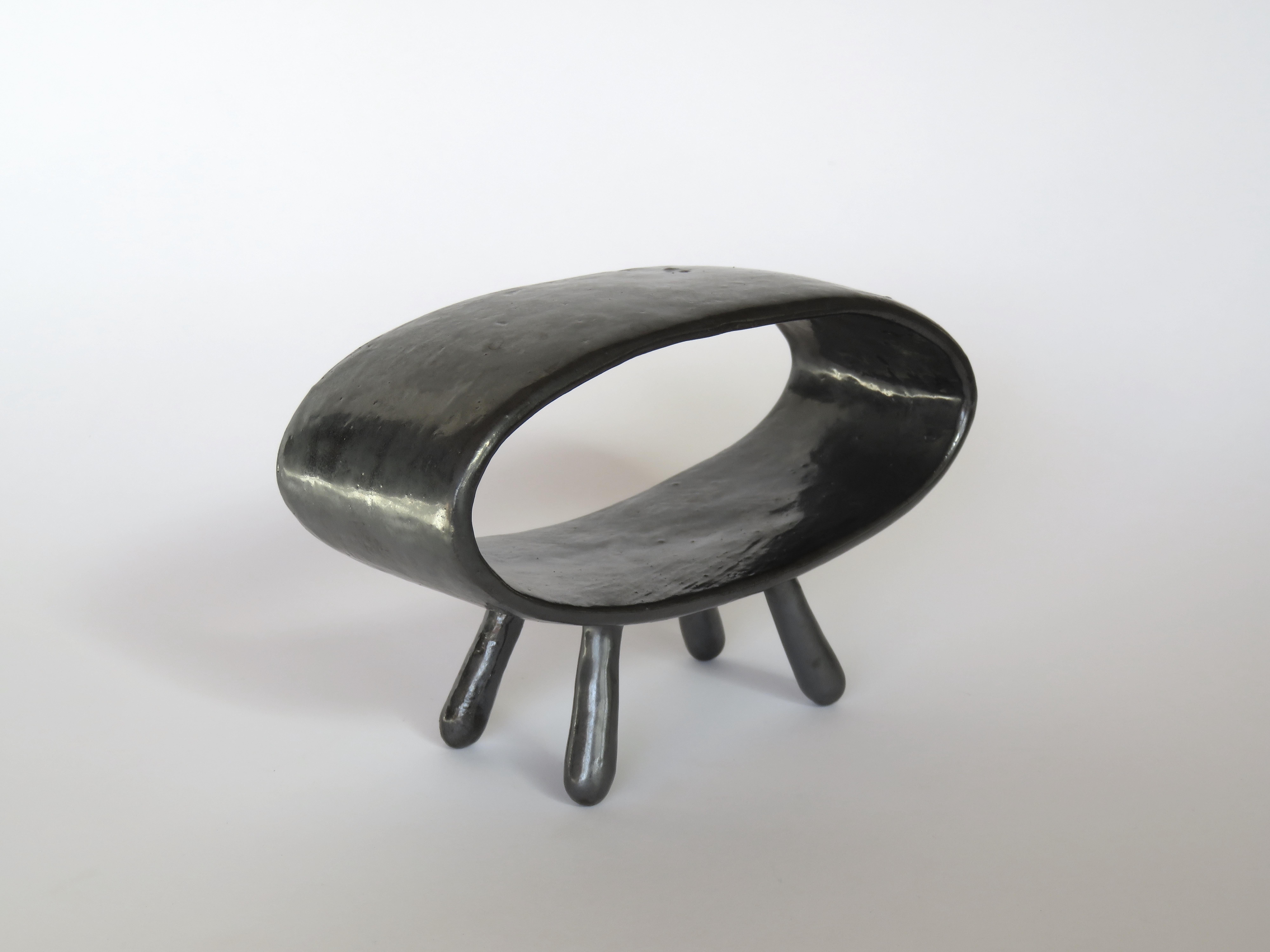 American Metallic Black Ceramic Sculpture, Hollow Pointed Oval on 4 Legs, Hand Built