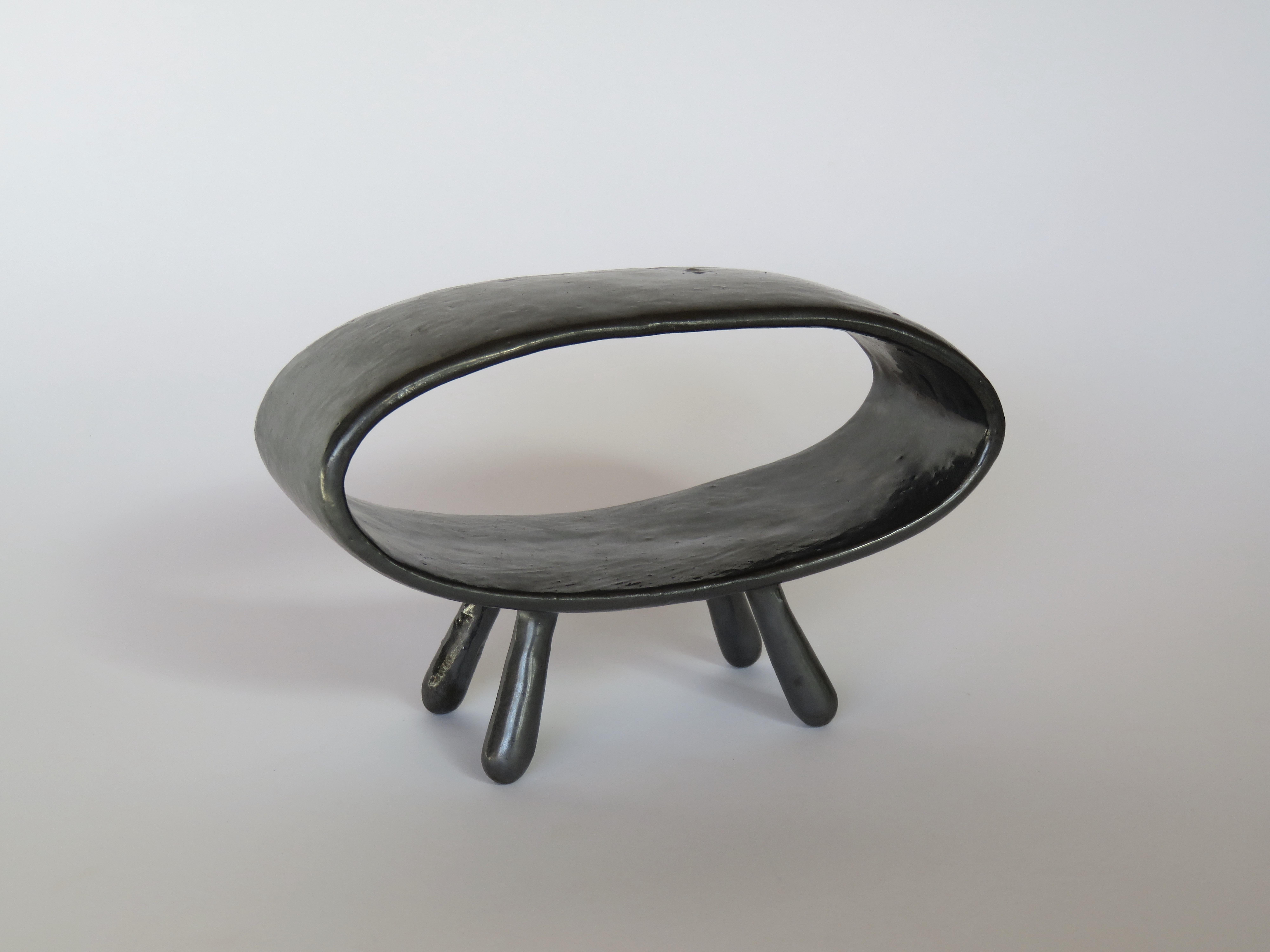 Glazed Metallic Black Ceramic Sculpture, Hollow Pointed Oval on 4 Legs, Hand Built