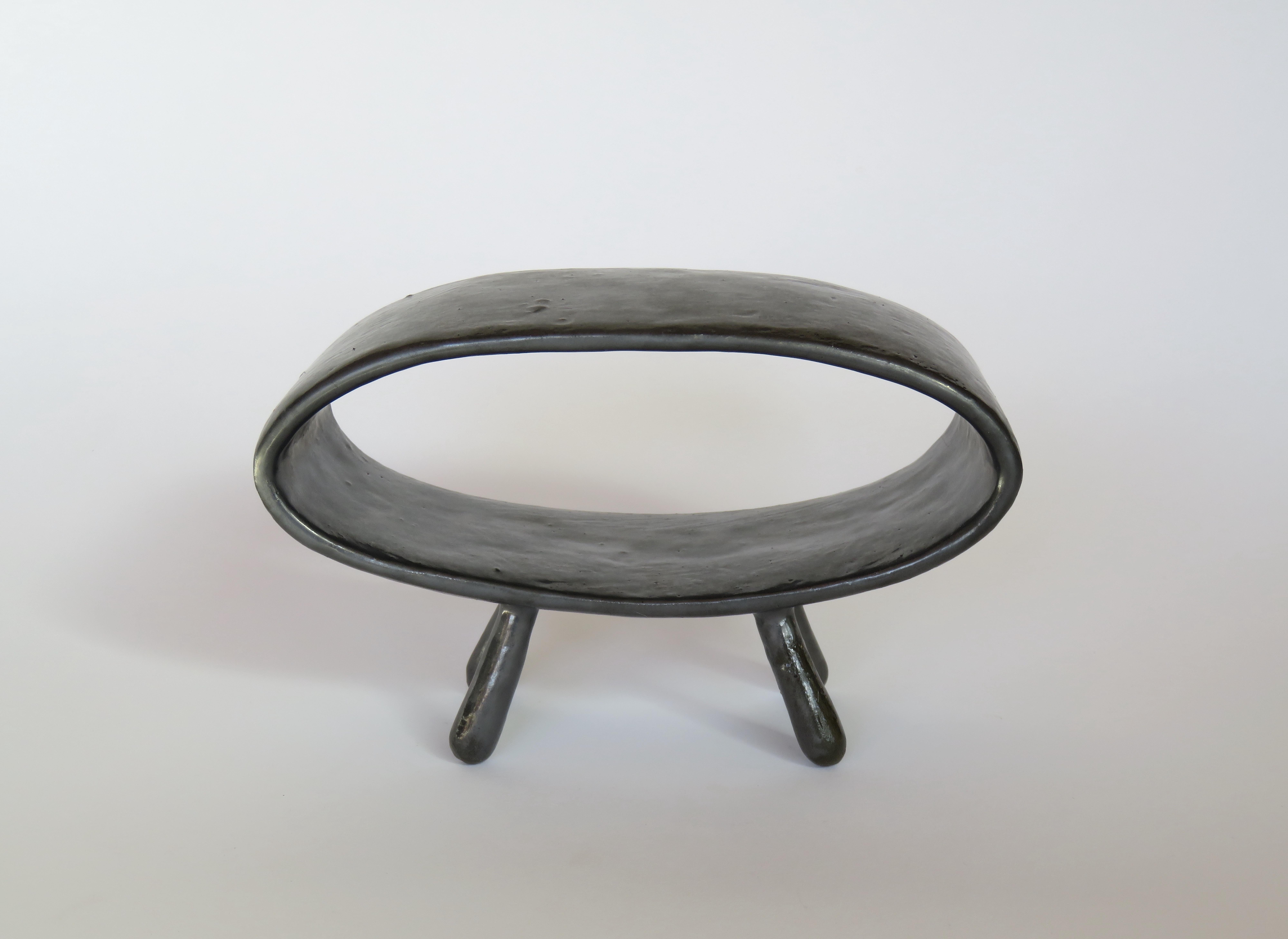 Metallic Black Ceramic Sculpture, Hollow Pointed Oval on 4 Legs, Hand Built In New Condition In New York, NY