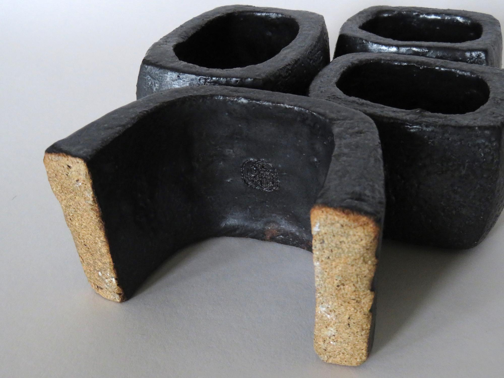 Metallic Black TOTEM, Ceramic Sculpture, Three Rectangular Rings on Angled Base 3