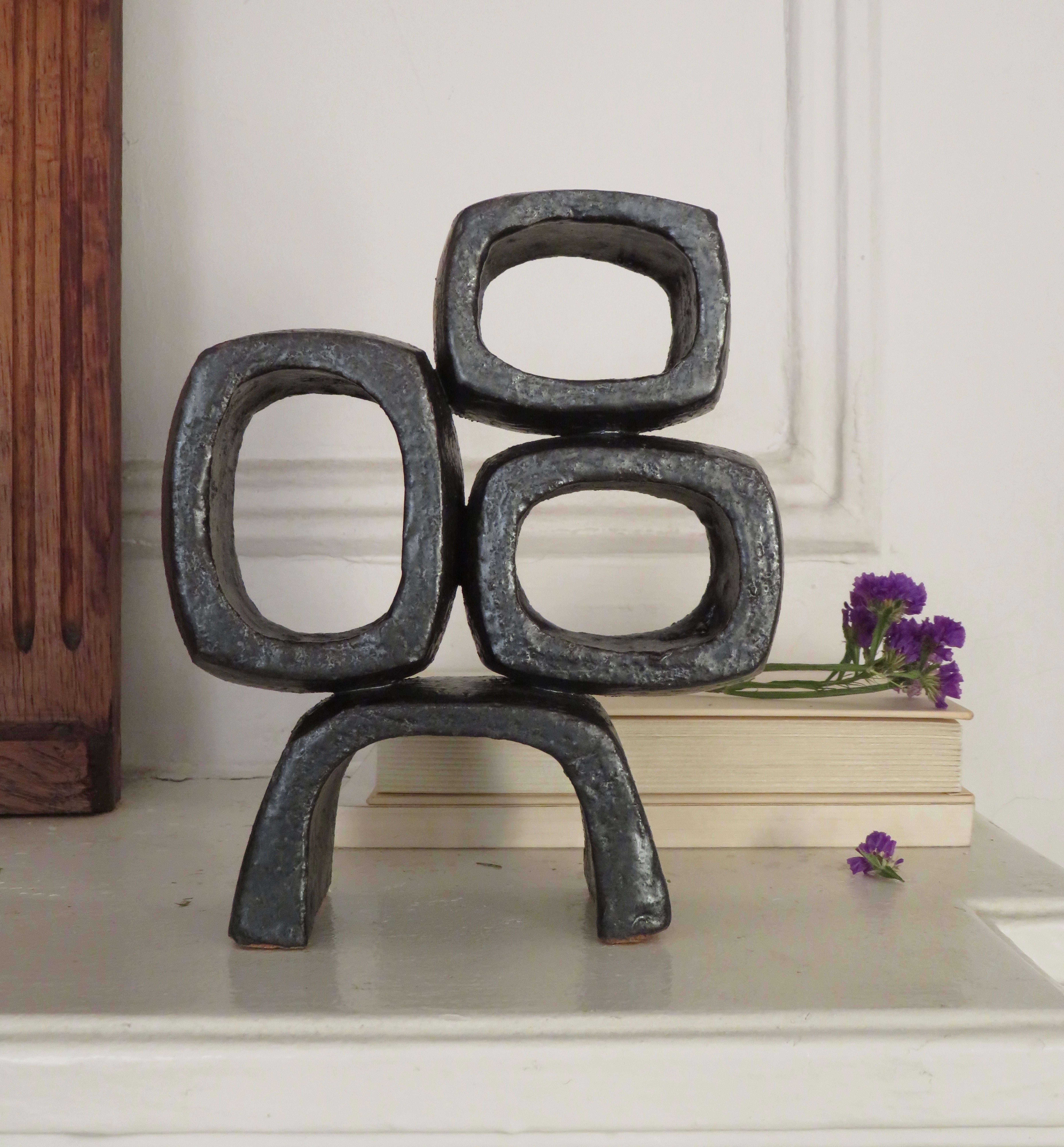 Metallic Black TOTEM, Ceramic Sculpture, Three Rectangular Rings on Angled Base 5