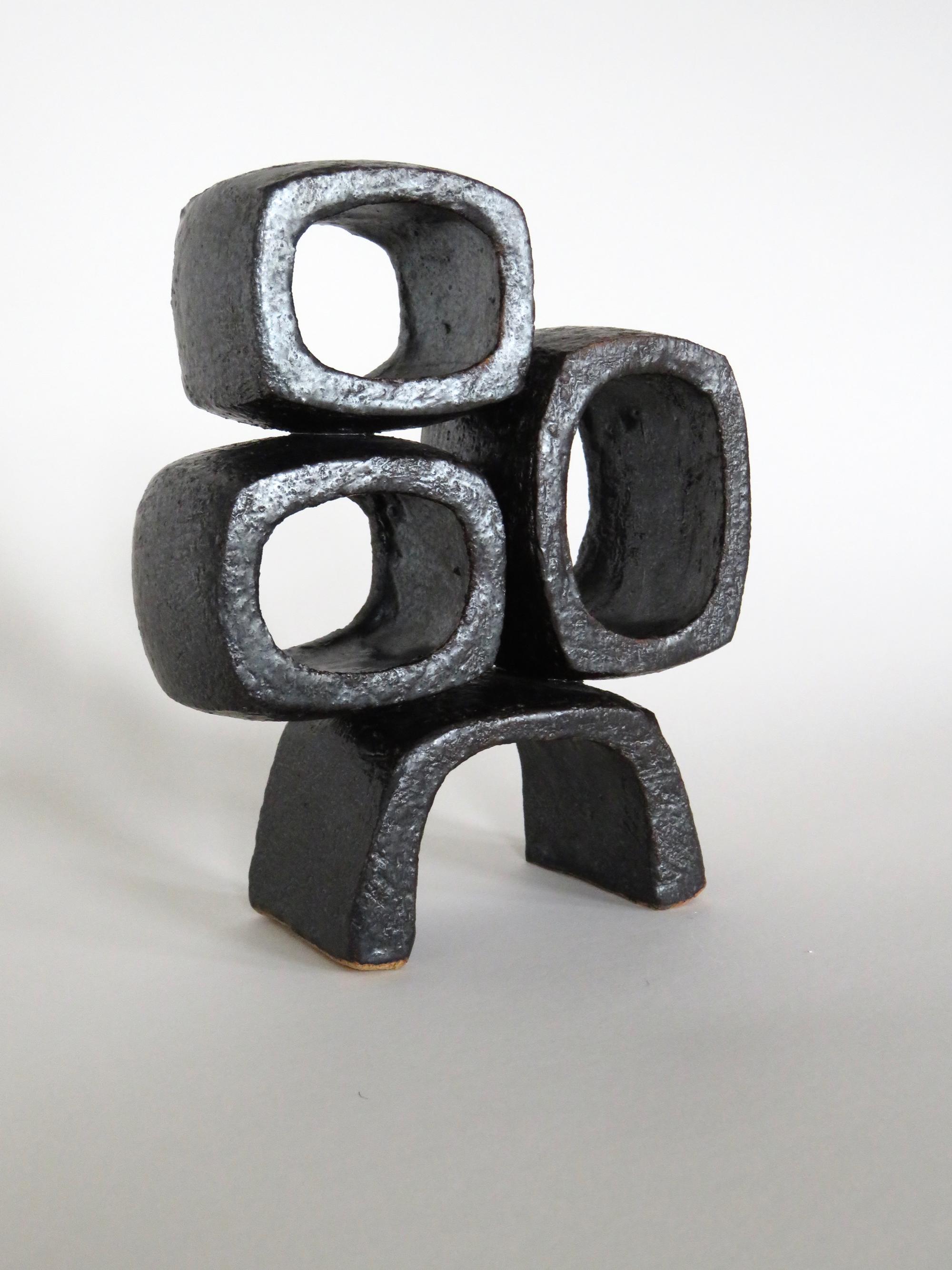 Organic Modern Metallic Black TOTEM, Ceramic Sculpture, Three Rectangular Rings on Angled Base
